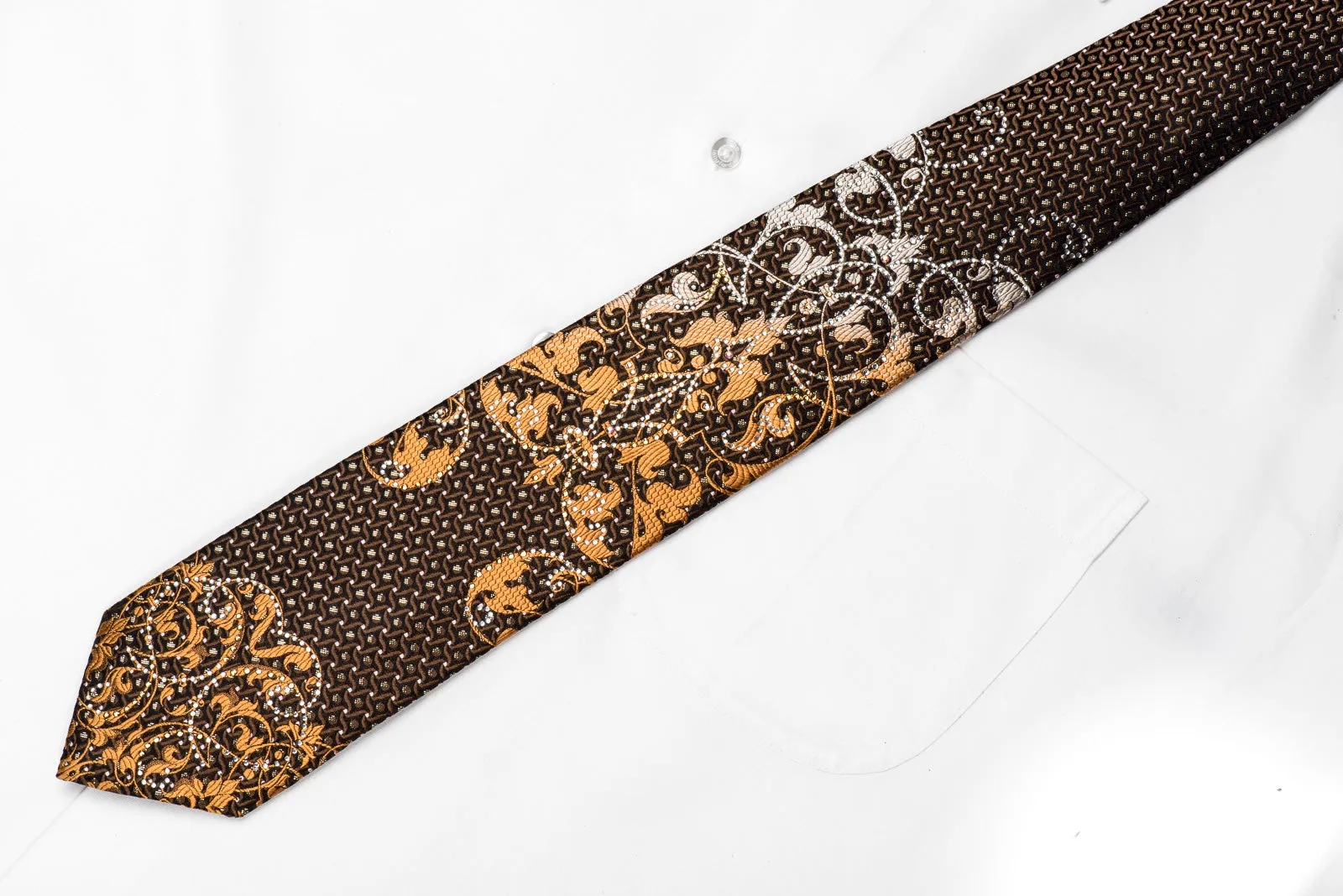 M Story Men's Crystal Silk Necktie Silver Orange Damask On Black With Sparkles