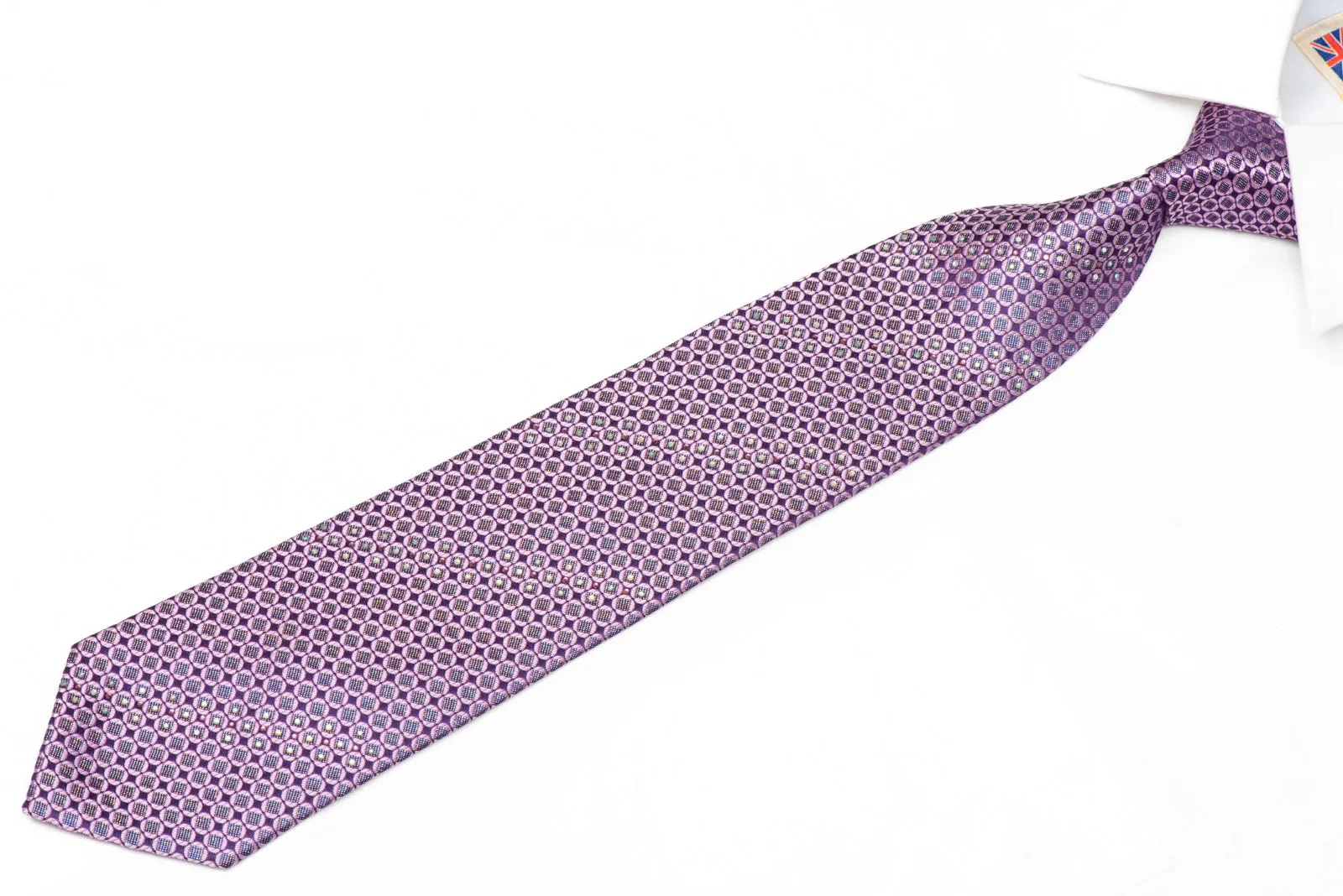 Mauve Geometric On Purple Rhinestone Silk Necktie With Silver Sparkles