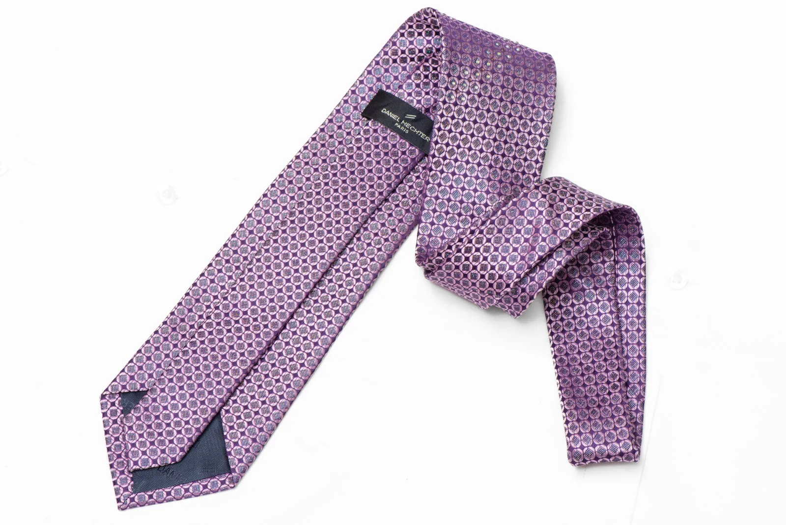 Mauve Geometric On Purple Rhinestone Silk Necktie With Silver Sparkles
