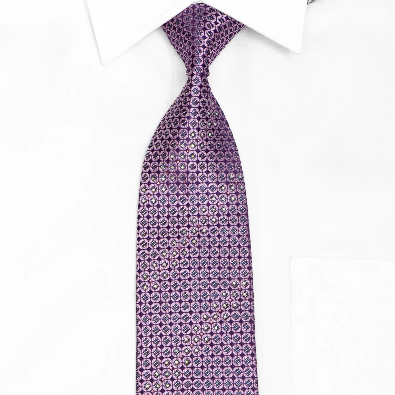 Mauve Geometric On Purple Rhinestone Silk Necktie With Silver Sparkles