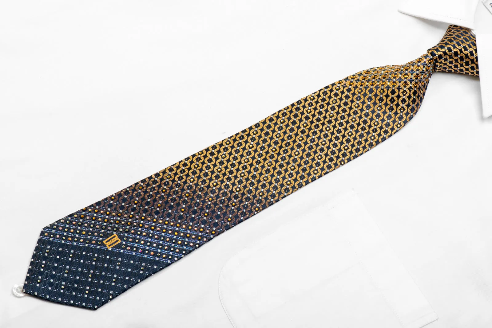 Men's Silk Necktie Gold Geometric On Navy Blue With Gold Sparkles