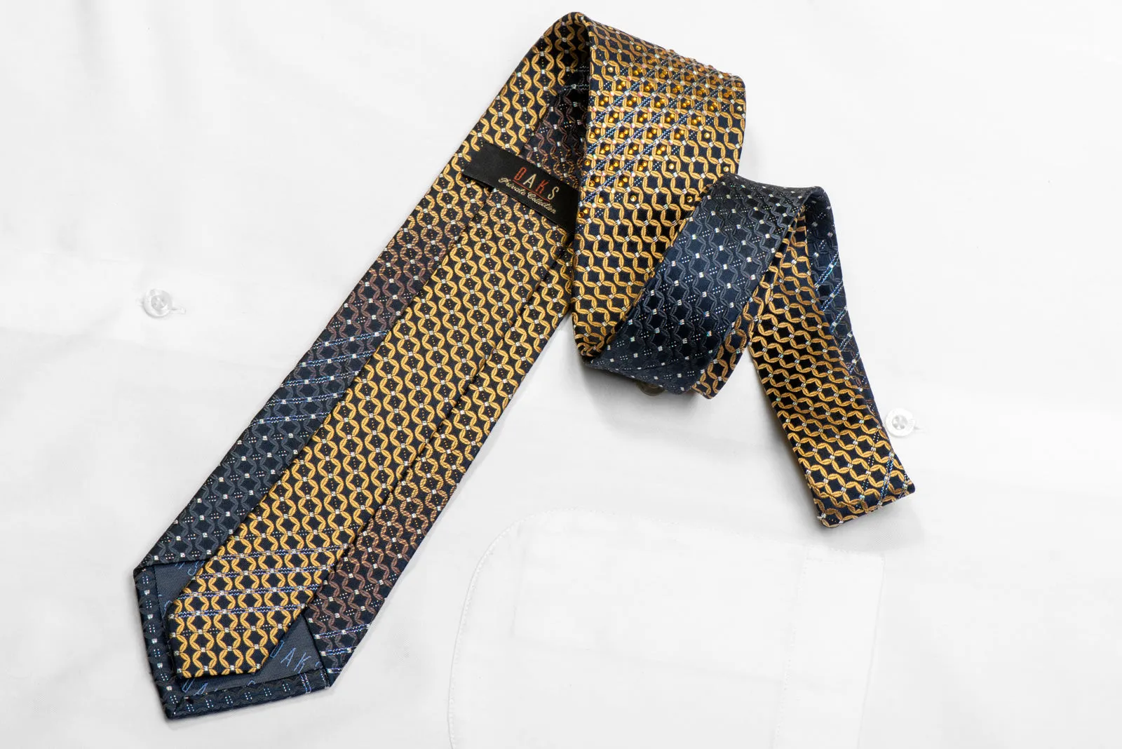 Men's Silk Necktie Gold Geometric On Navy Blue With Gold Sparkles