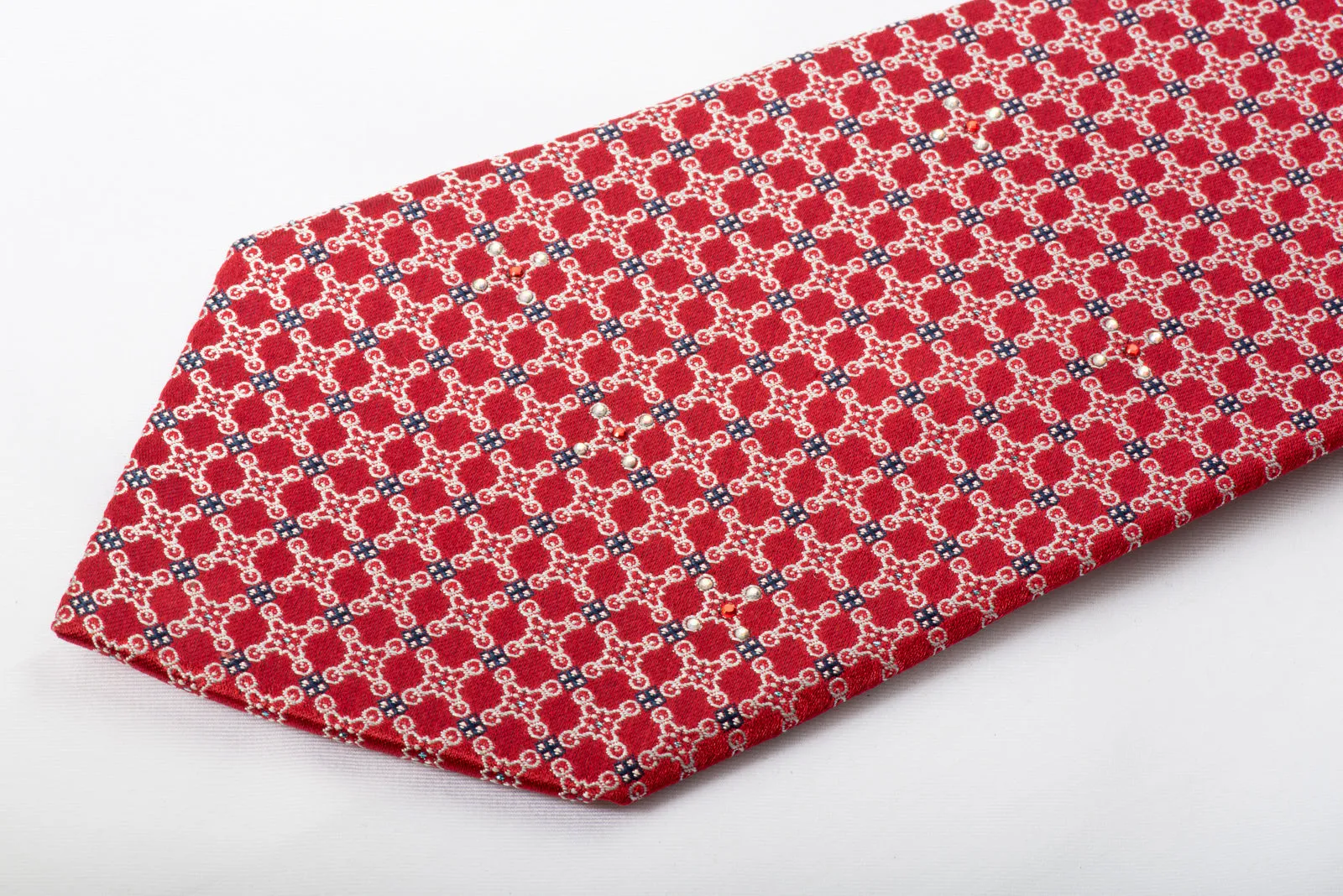 Metro City Rhinestone Silk Necktie Silver Trellis On Red With Blue Sparkles