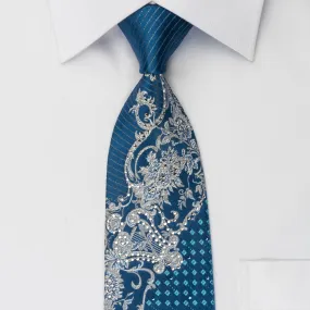 Metro City Rhinestone Tie Silver Scrolls On Blue With Silver Sparkles