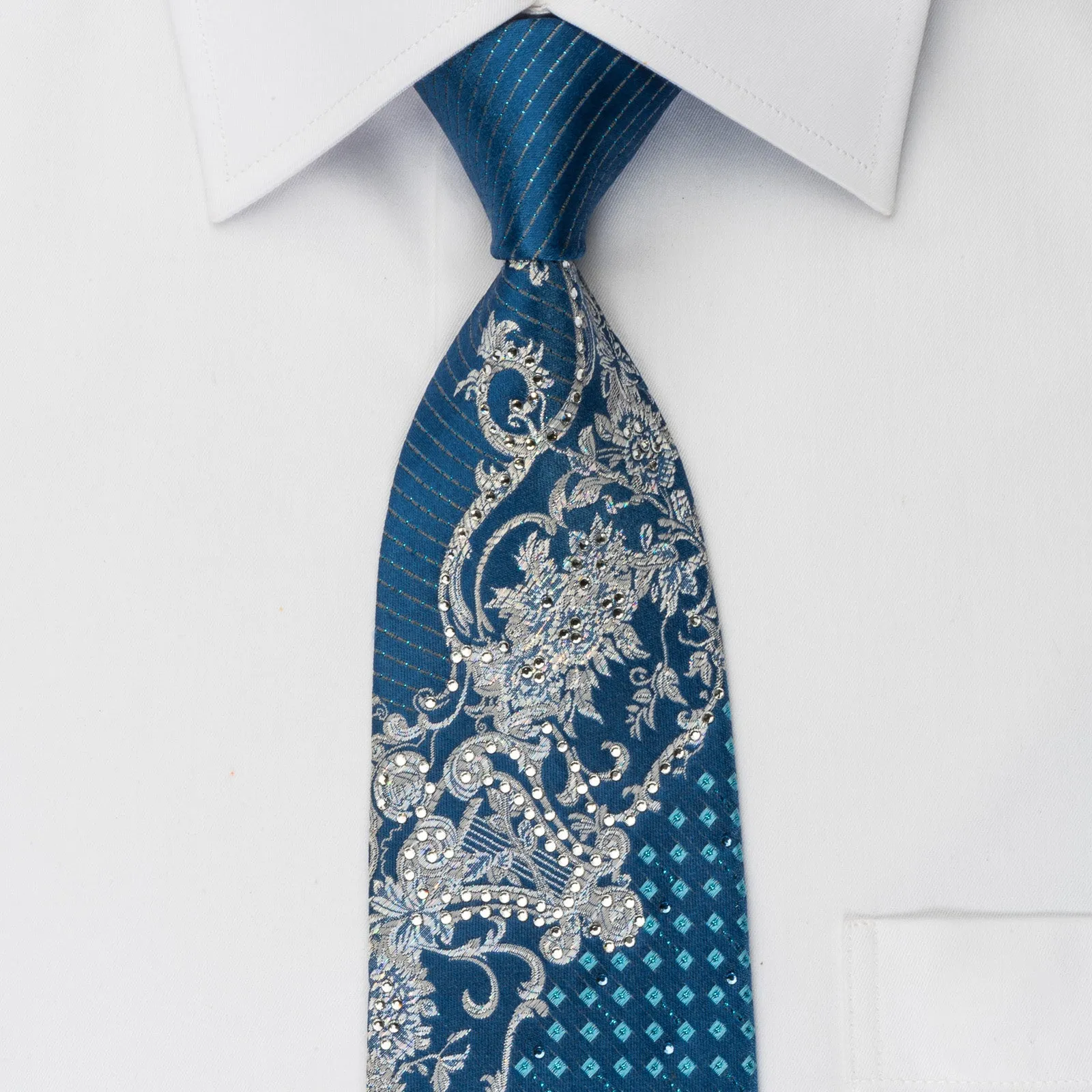 Metro City Rhinestone Tie Silver Scrolls On Blue With Silver Sparkles