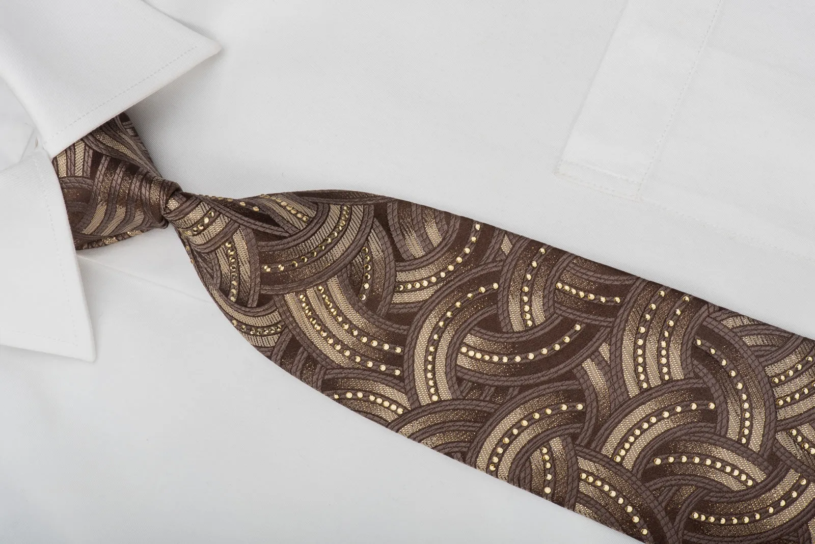 Mila Schon Rhinestone Tie Golden Interlocking Circles On Brown With Gold Sparkles