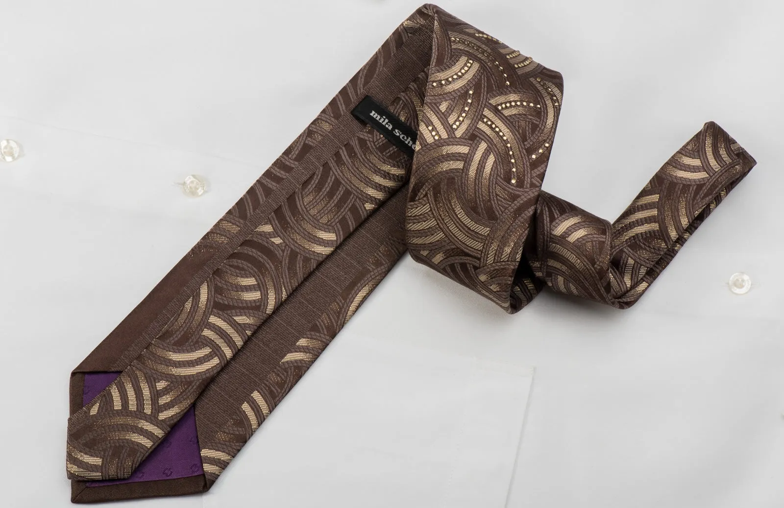 Mila Schon Rhinestone Tie Golden Interlocking Circles On Brown With Gold Sparkles