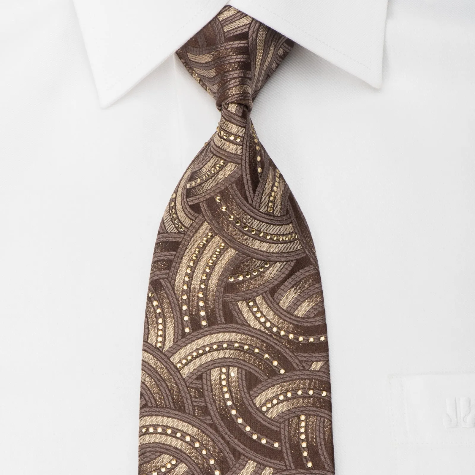 Mila Schon Rhinestone Tie Golden Interlocking Circles On Brown With Gold Sparkles