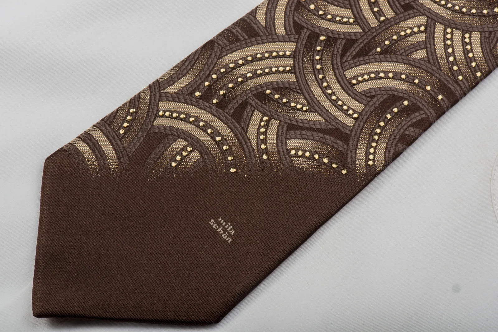 Mila Schon Rhinestone Tie Golden Interlocking Circles On Brown With Gold Sparkles