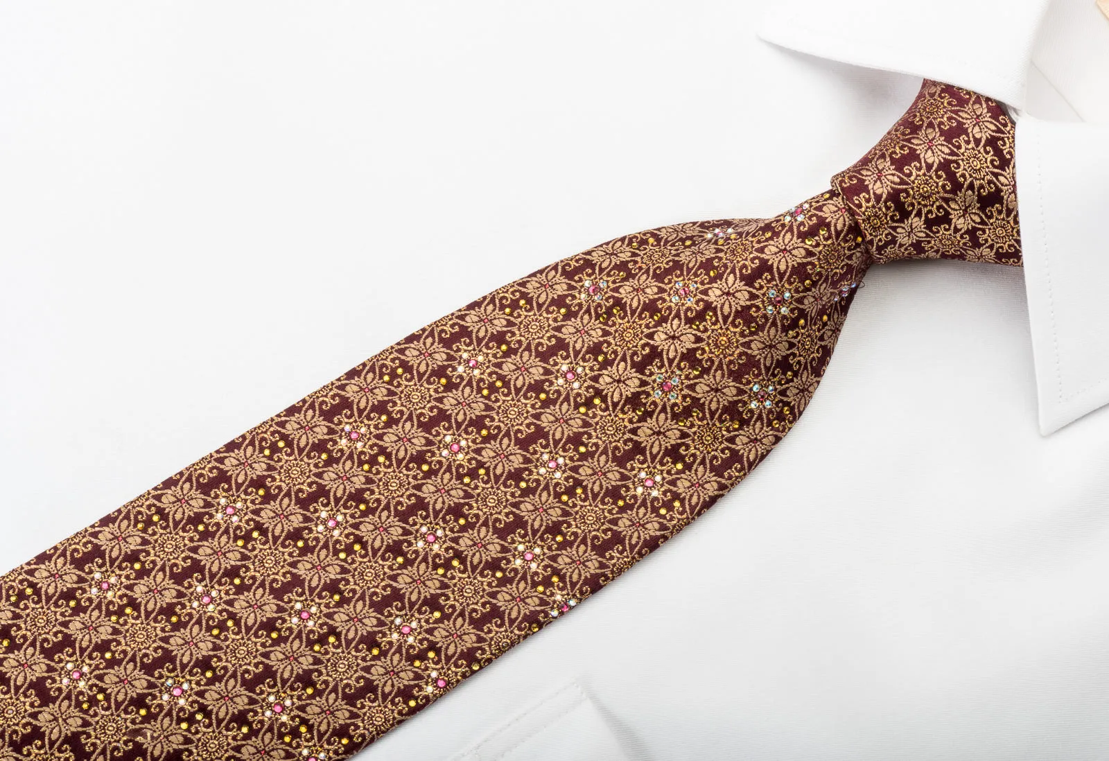 Mila Schon Silk Rhinestone Necktie Golden Floral Trellis On Brown Silk With Silver Sparkles