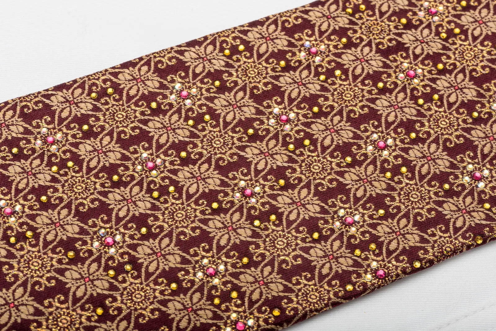 Mila Schon Silk Rhinestone Necktie Golden Floral Trellis On Brown Silk With Silver Sparkles