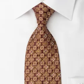 Mila Schon Silk Rhinestone Necktie Golden Floral Trellis On Brown Silk With Silver Sparkles
