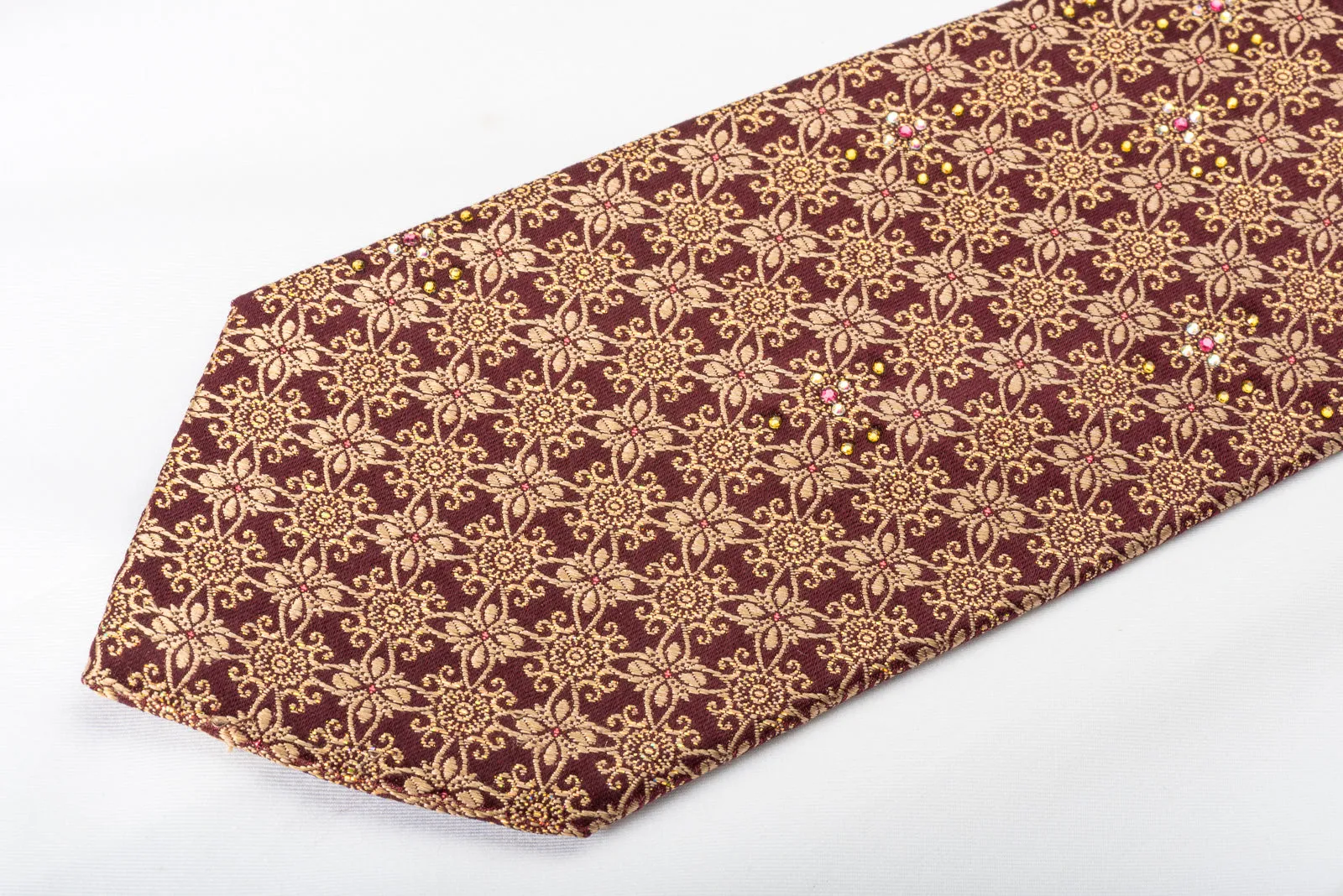 Mila Schon Silk Rhinestone Necktie Golden Floral Trellis On Brown Silk With Silver Sparkles