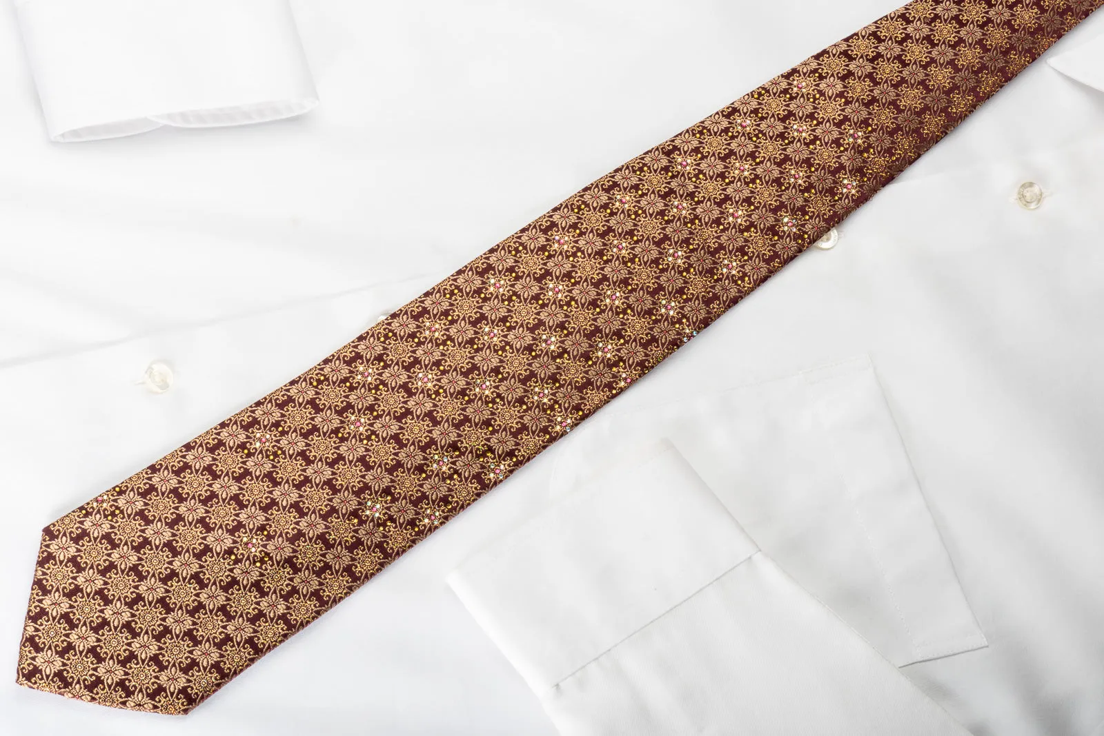 Mila Schon Silk Rhinestone Necktie Golden Floral Trellis On Brown Silk With Silver Sparkles