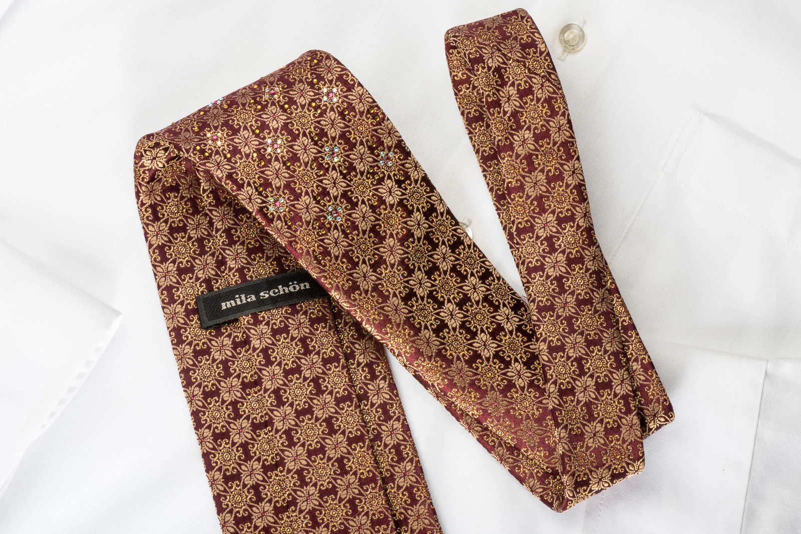 Mila Schon Silk Rhinestone Necktie Golden Floral Trellis On Brown Silk With Silver Sparkles