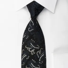 Nicole St Giles Silk Rhinestone Necktie Paisley On Black With Silver Sparkles