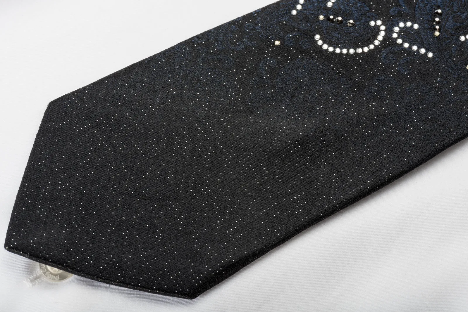Nicole St Giles Silk Rhinestone Necktie Paisley On Black With Silver Sparkles