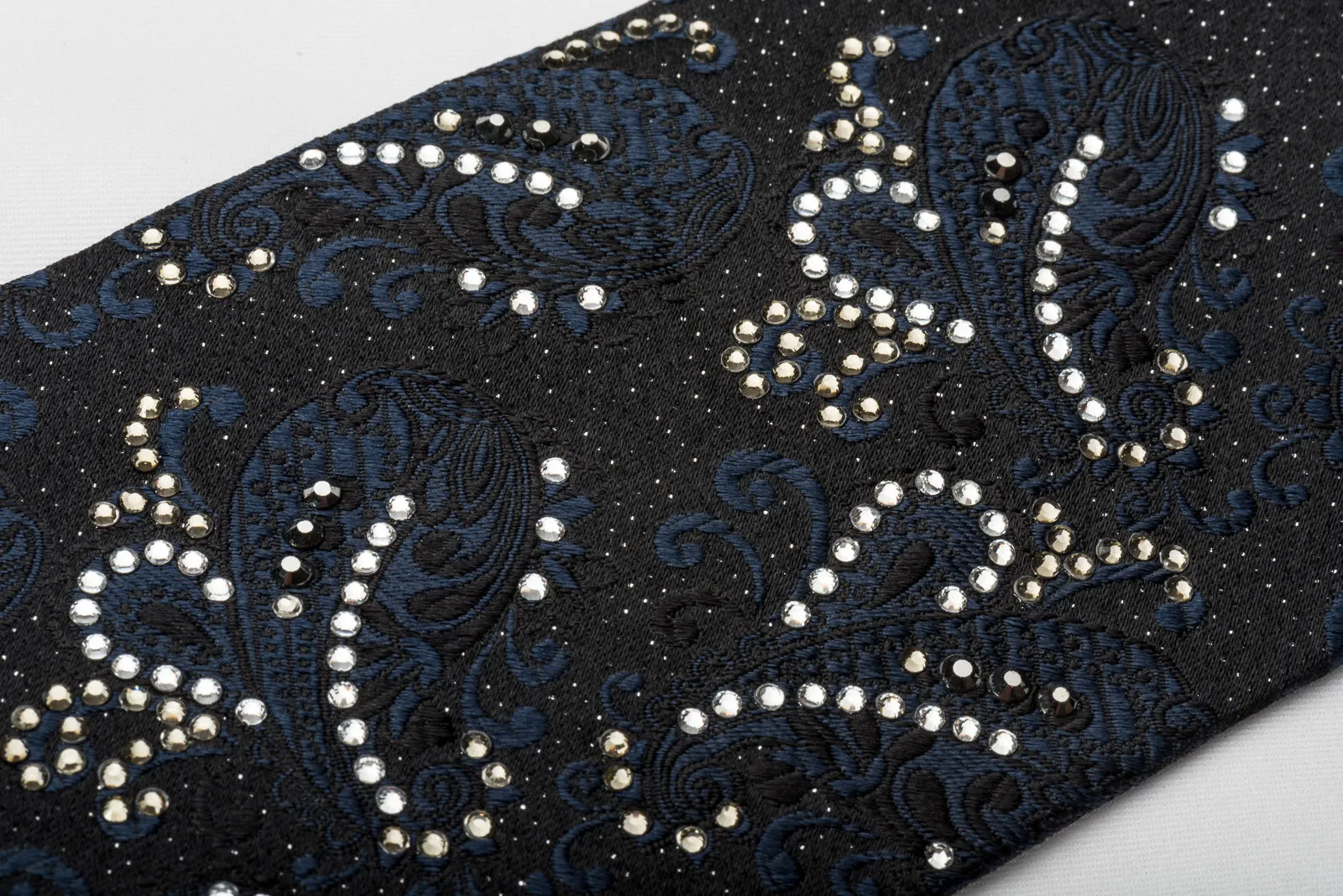 Nicole St Giles Silk Rhinestone Necktie Paisley On Black With Silver Sparkles