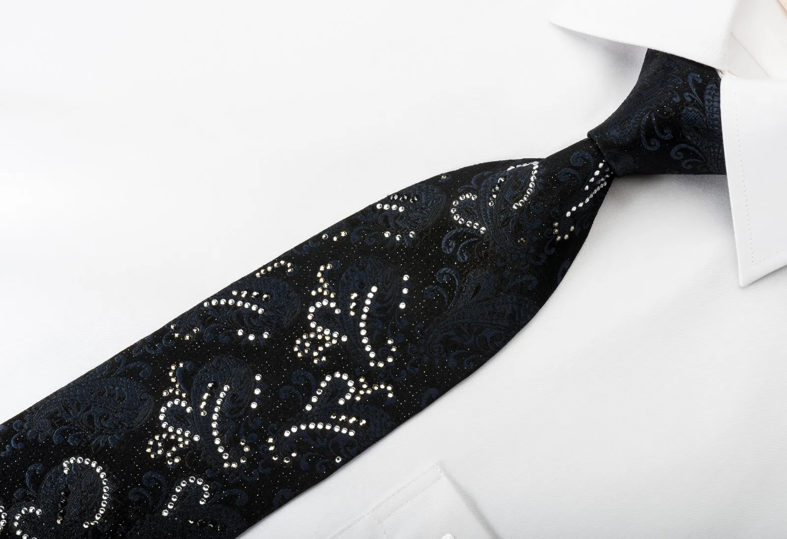 Nicole St Giles Silk Rhinestone Necktie Paisley On Black With Silver Sparkles