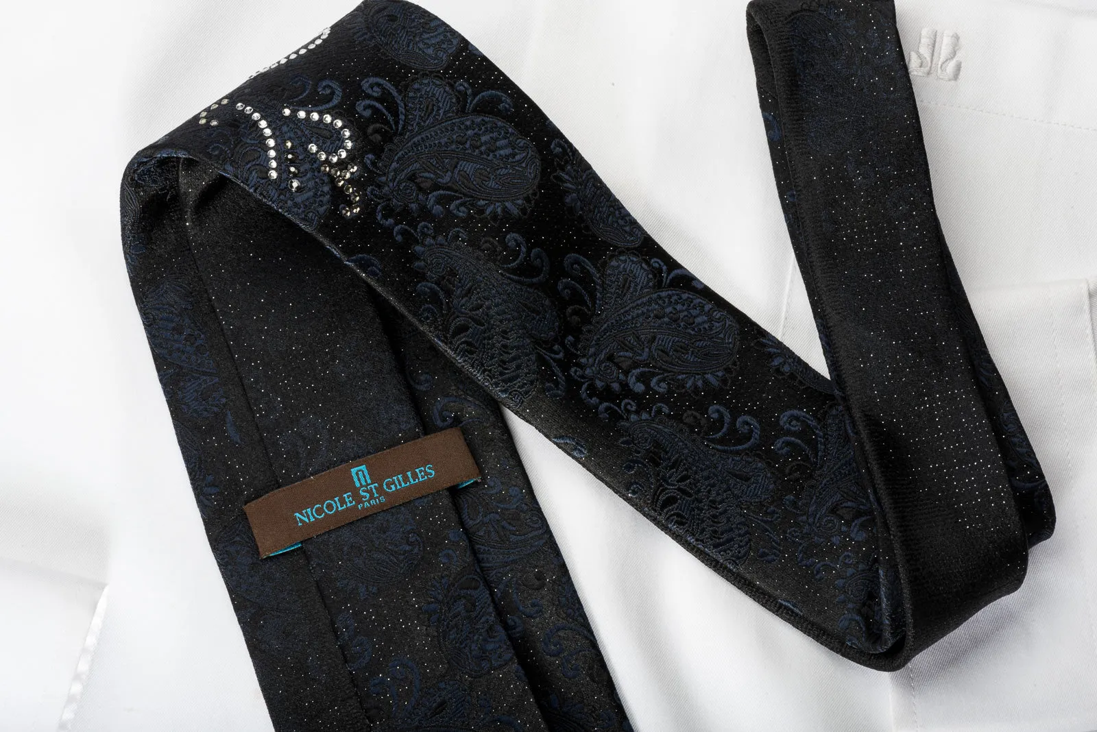 Nicole St Giles Silk Rhinestone Necktie Paisley On Black With Silver Sparkles