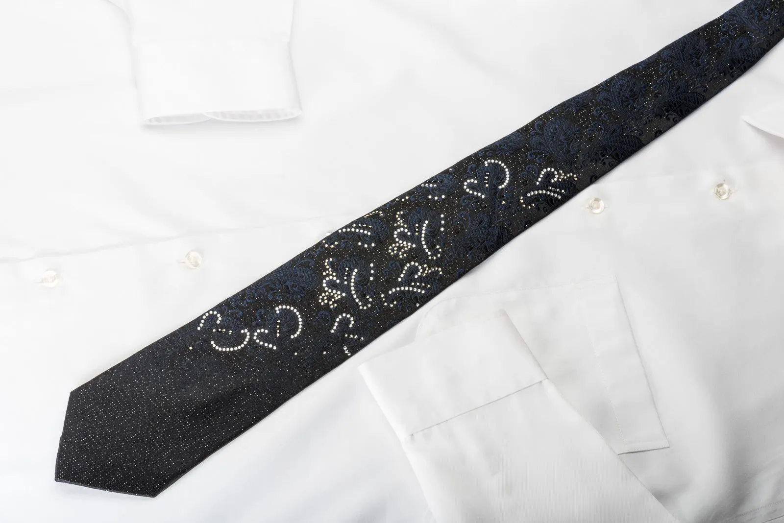 Nicole St Giles Silk Rhinestone Necktie Paisley On Black With Silver Sparkles