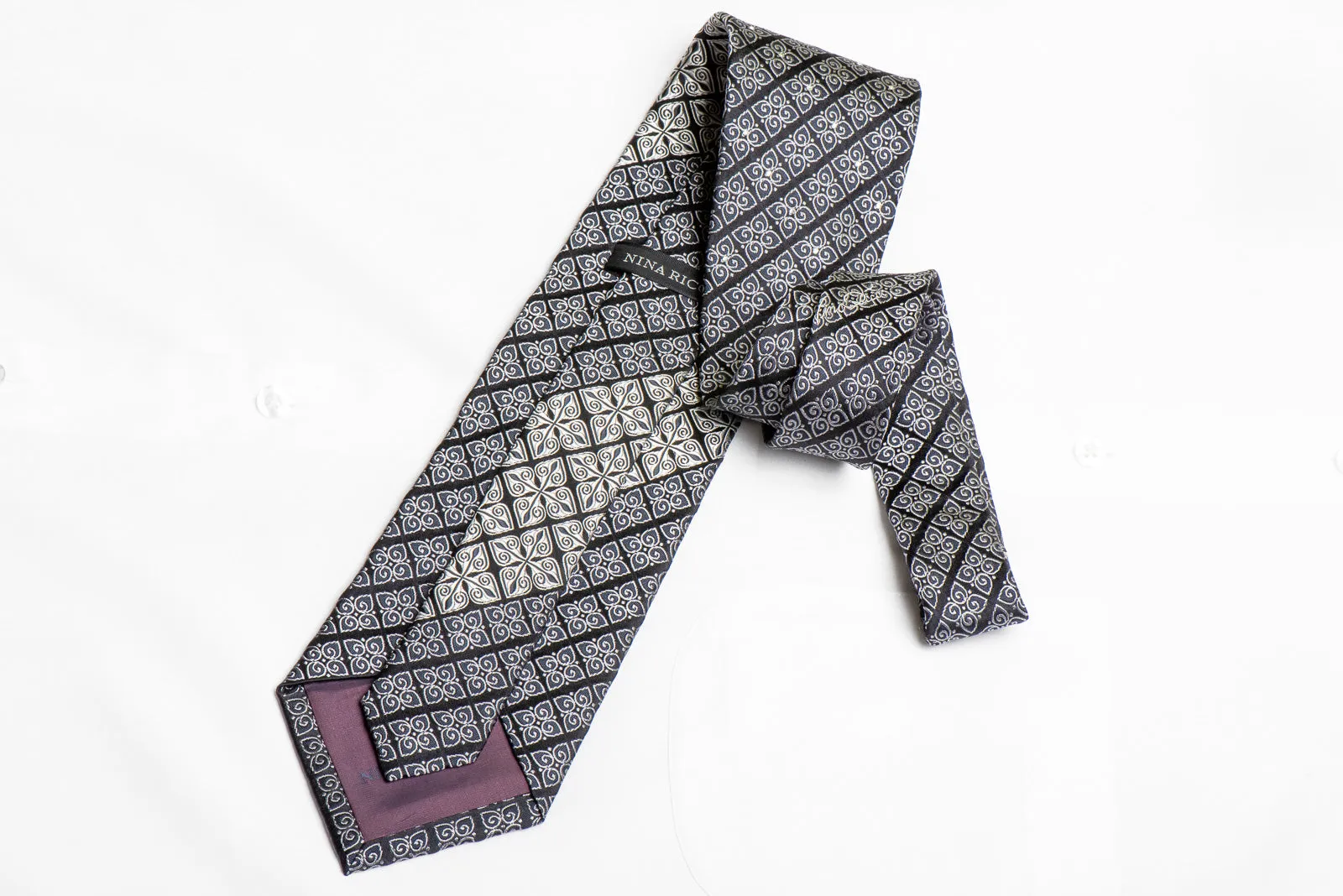 Nina Ricci Men's Crystal Rhinestone Necktie Silver Cartouche On Black Silk