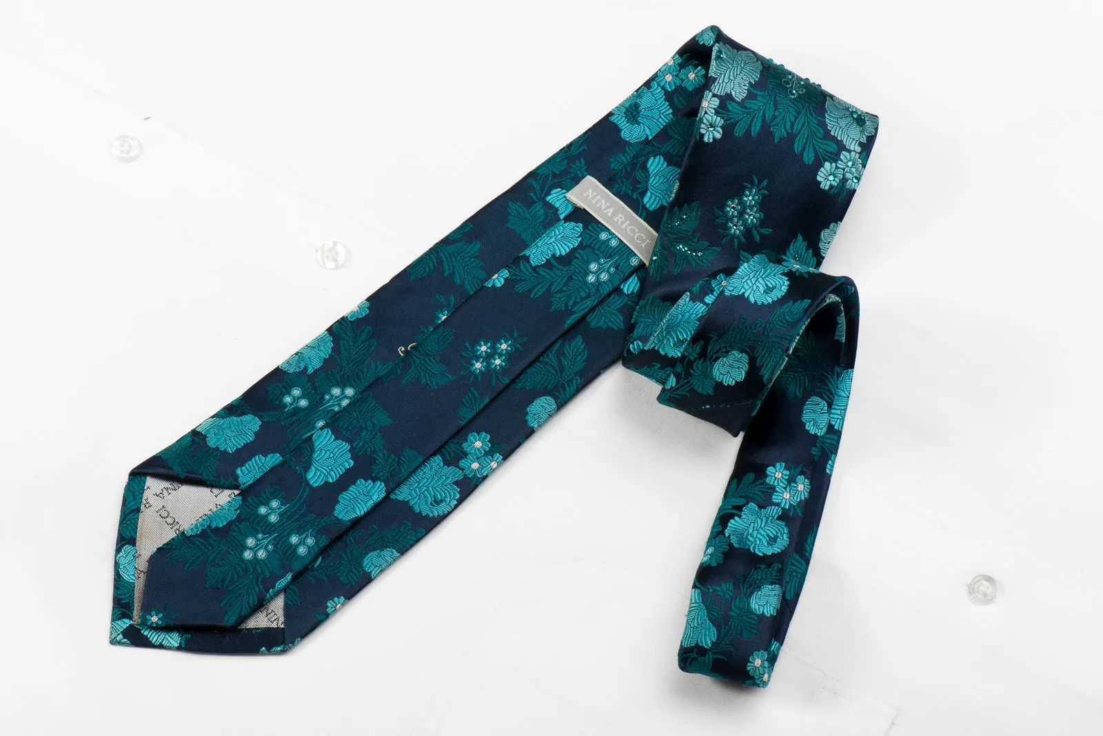 Nina Ricci Men's Crystal Silk Necktie Turquoise Floral On Blue