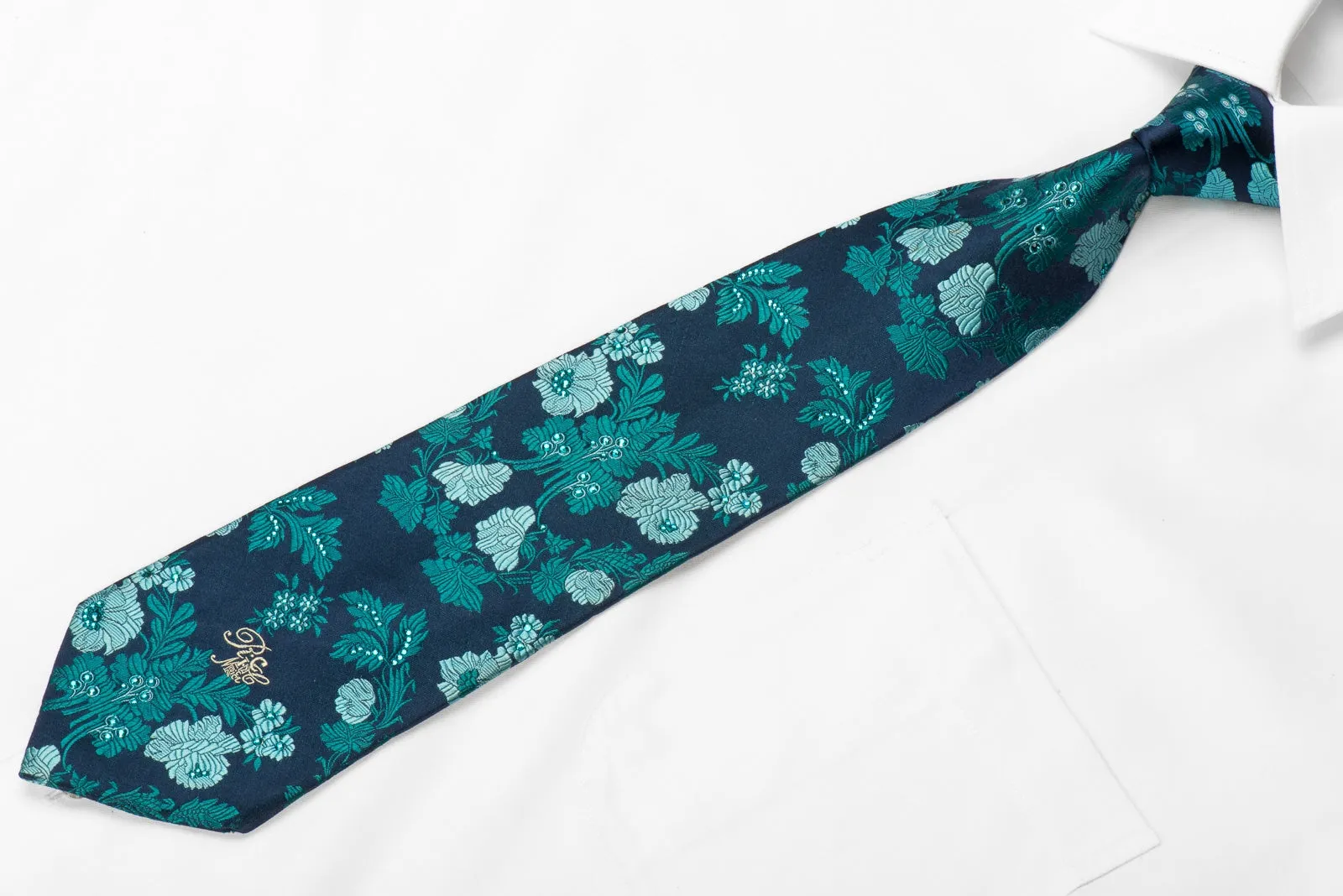 Nina Ricci Men's Crystal Silk Necktie Turquoise Floral On Blue
