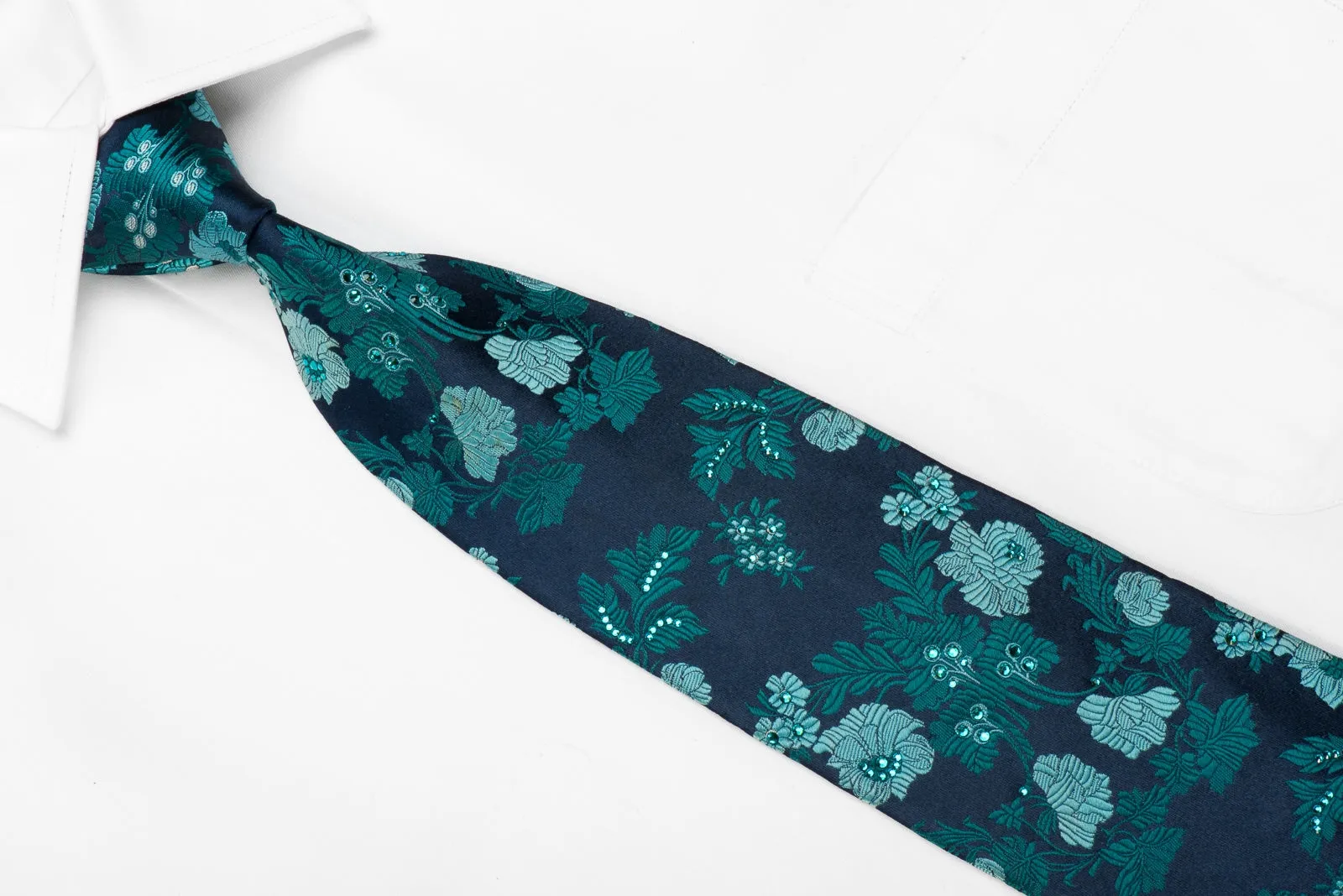 Nina Ricci Men's Crystal Silk Necktie Turquoise Floral On Blue