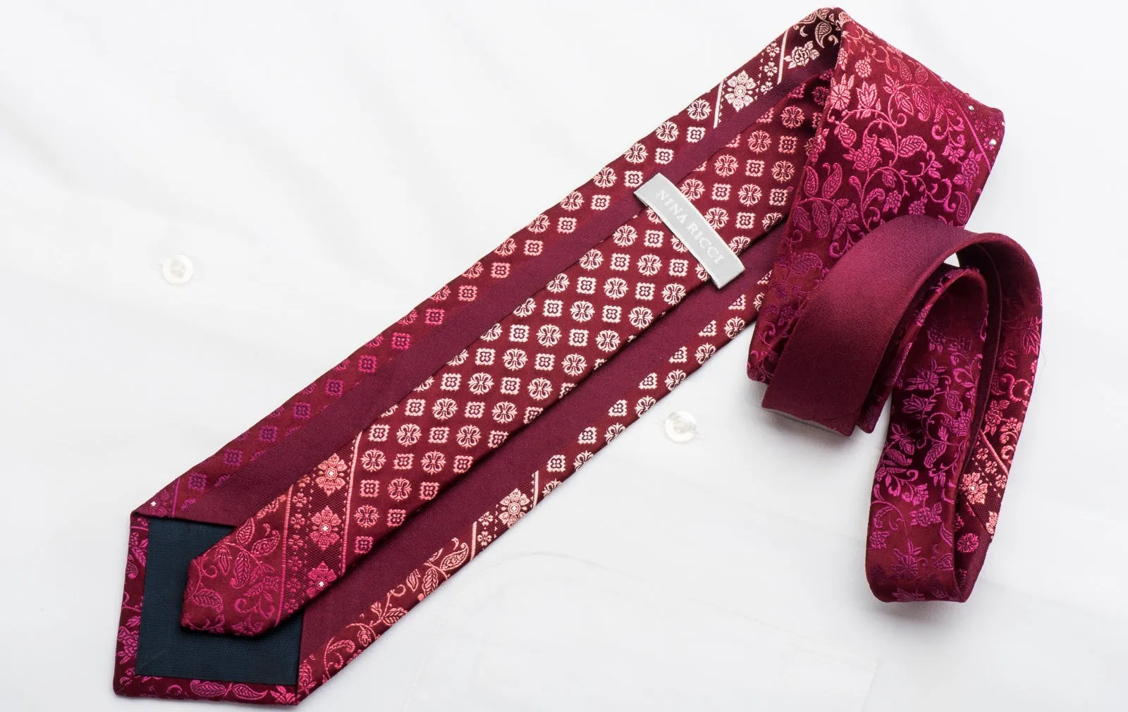 Nina Ricci Men's Silk Tie Cartouche On Burgundy With Sparkling Rhinestones