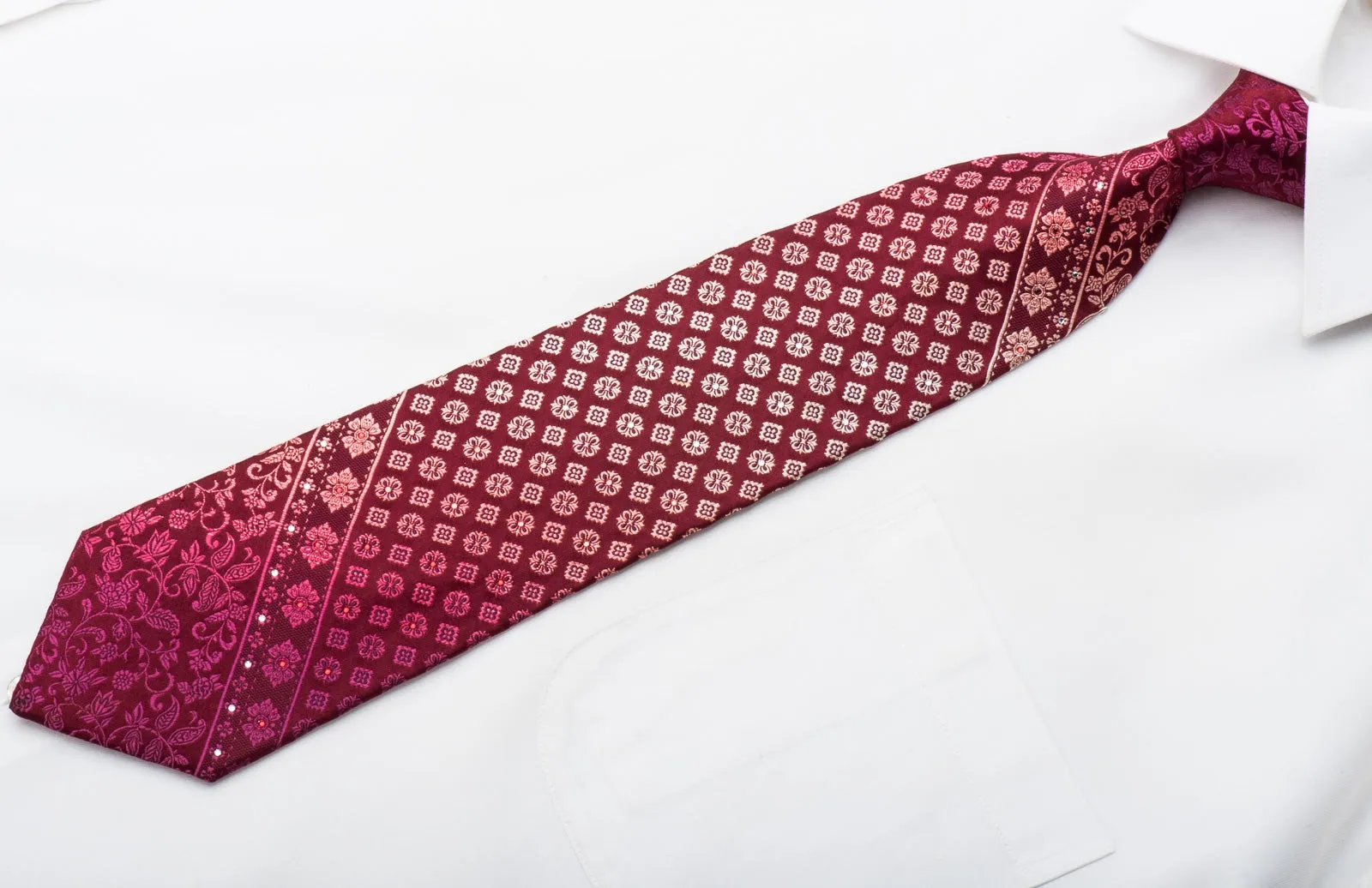 Nina Ricci Men's Silk Tie Cartouche On Burgundy With Sparkling Rhinestones