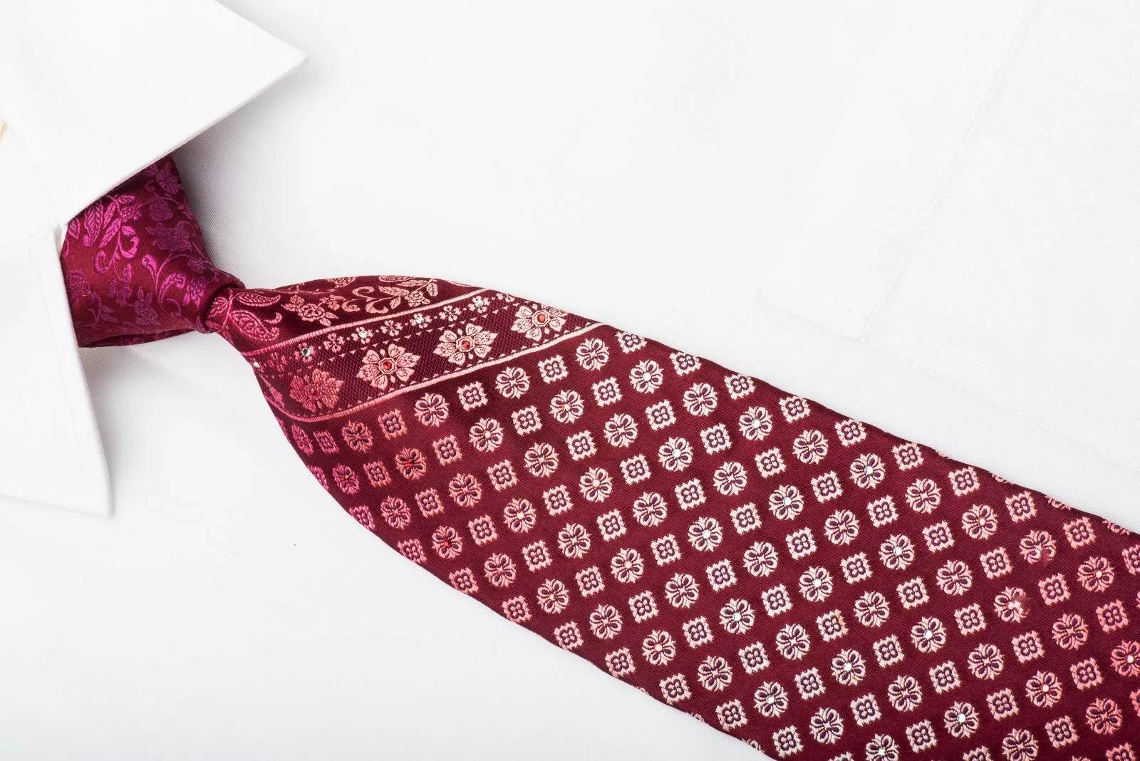 Nina Ricci Men's Silk Tie Cartouche On Burgundy With Sparkling Rhinestones