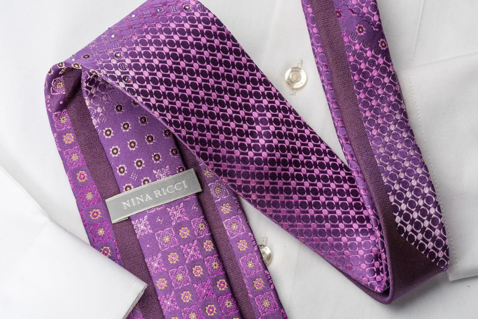 Nina Ricci Rhinestone Necktie Fleur de Lis Motif Design On Purple With Silver Sparkles