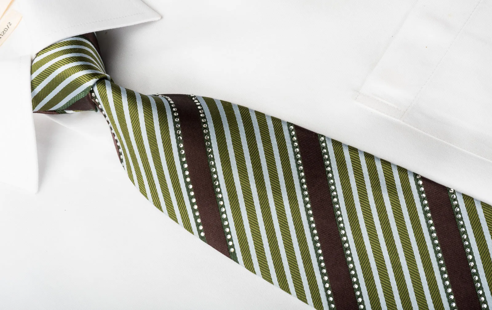 Nina Ricci Silk Necktie Green Brown Silver Striped Sparkling With Rhinestones