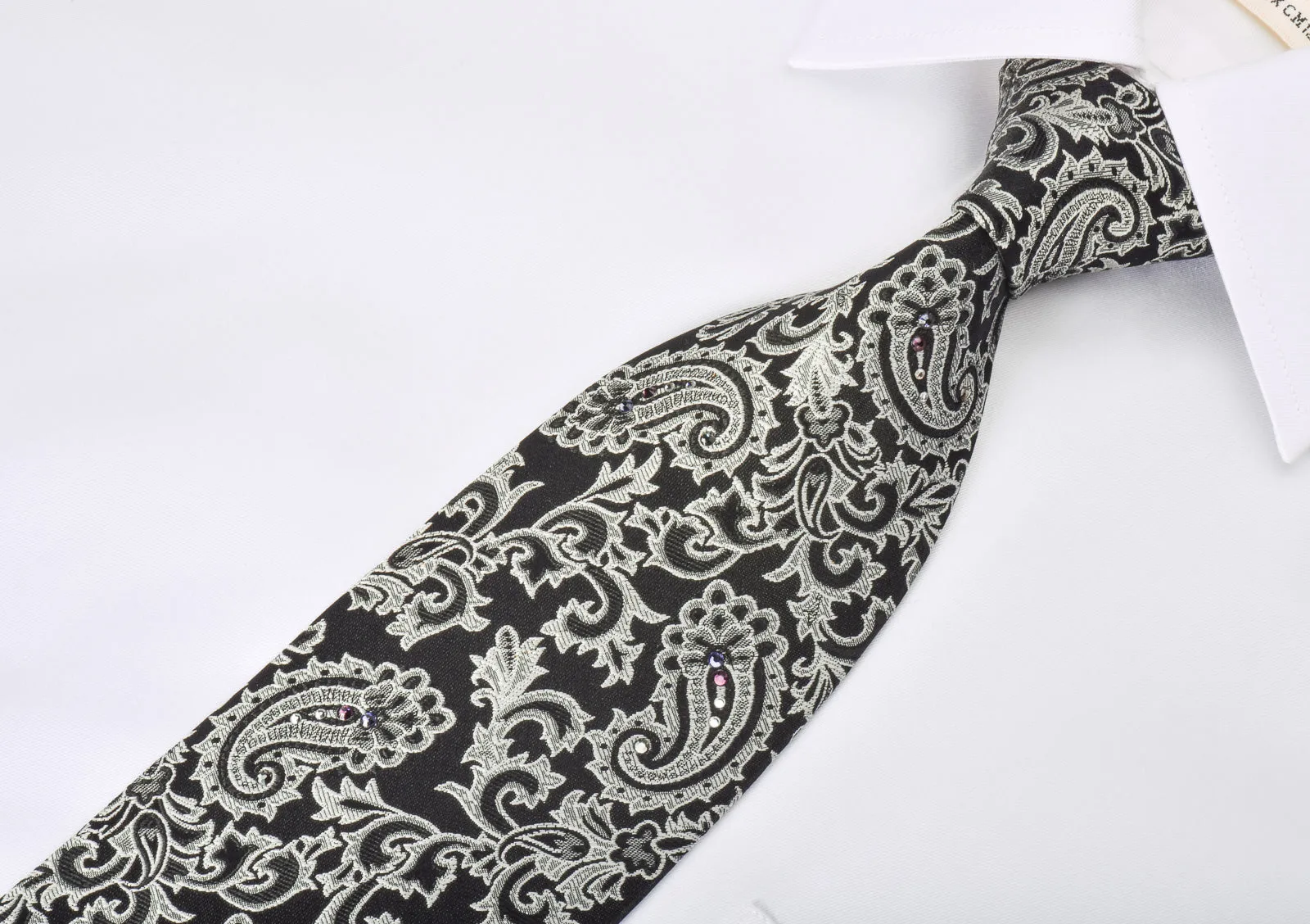 Paco Rabanne Rhinestone Necktie Silver Baroque Paisley On Black