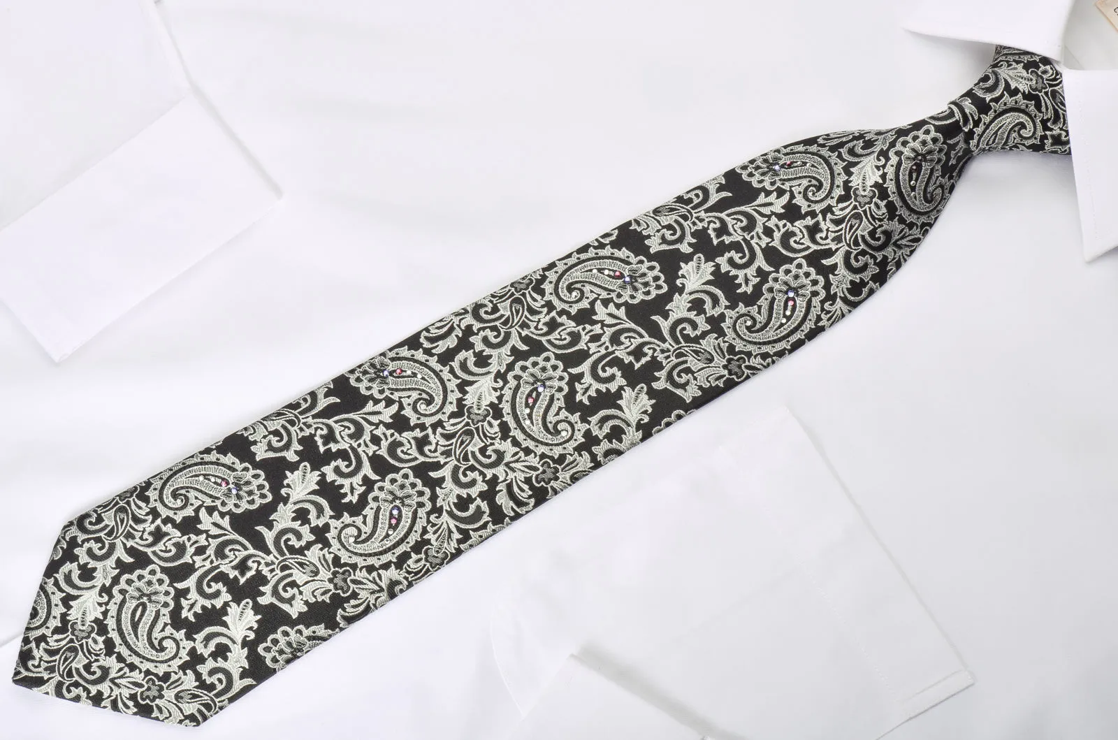 Paco Rabanne Rhinestone Necktie Silver Baroque Paisley On Black