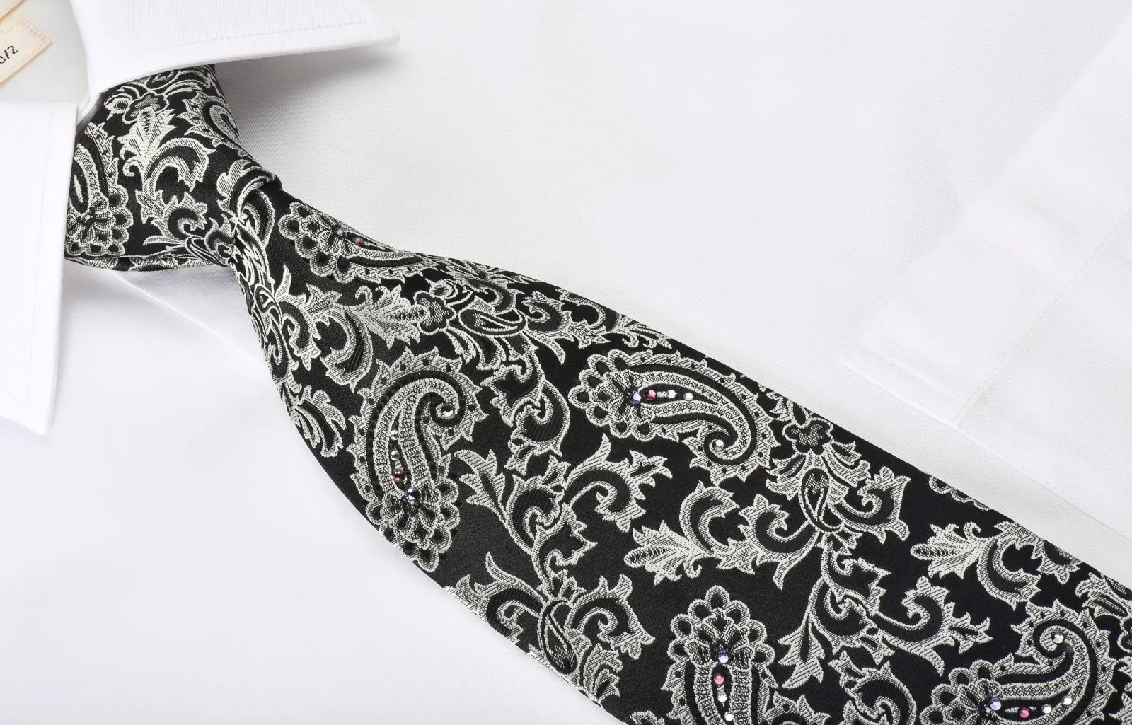 Paco Rabanne Rhinestone Necktie Silver Baroque Paisley On Black