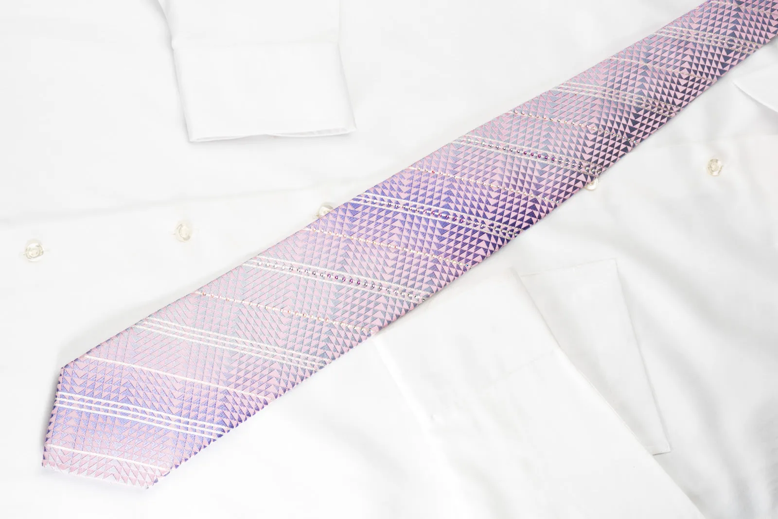 Park Land Silk Rhinestone Necktie Pink Purple Geometric Stripes With Silver Sparkles