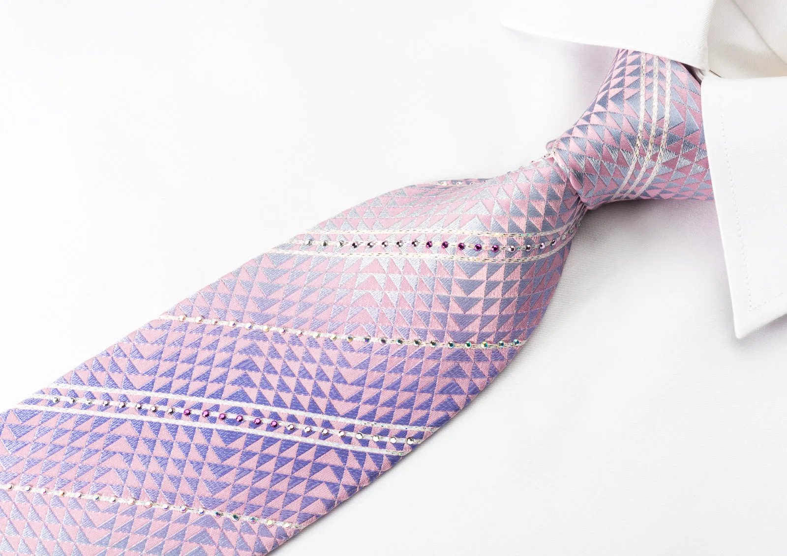 Park Land Silk Rhinestone Necktie Pink Purple Geometric Stripes With Silver Sparkles