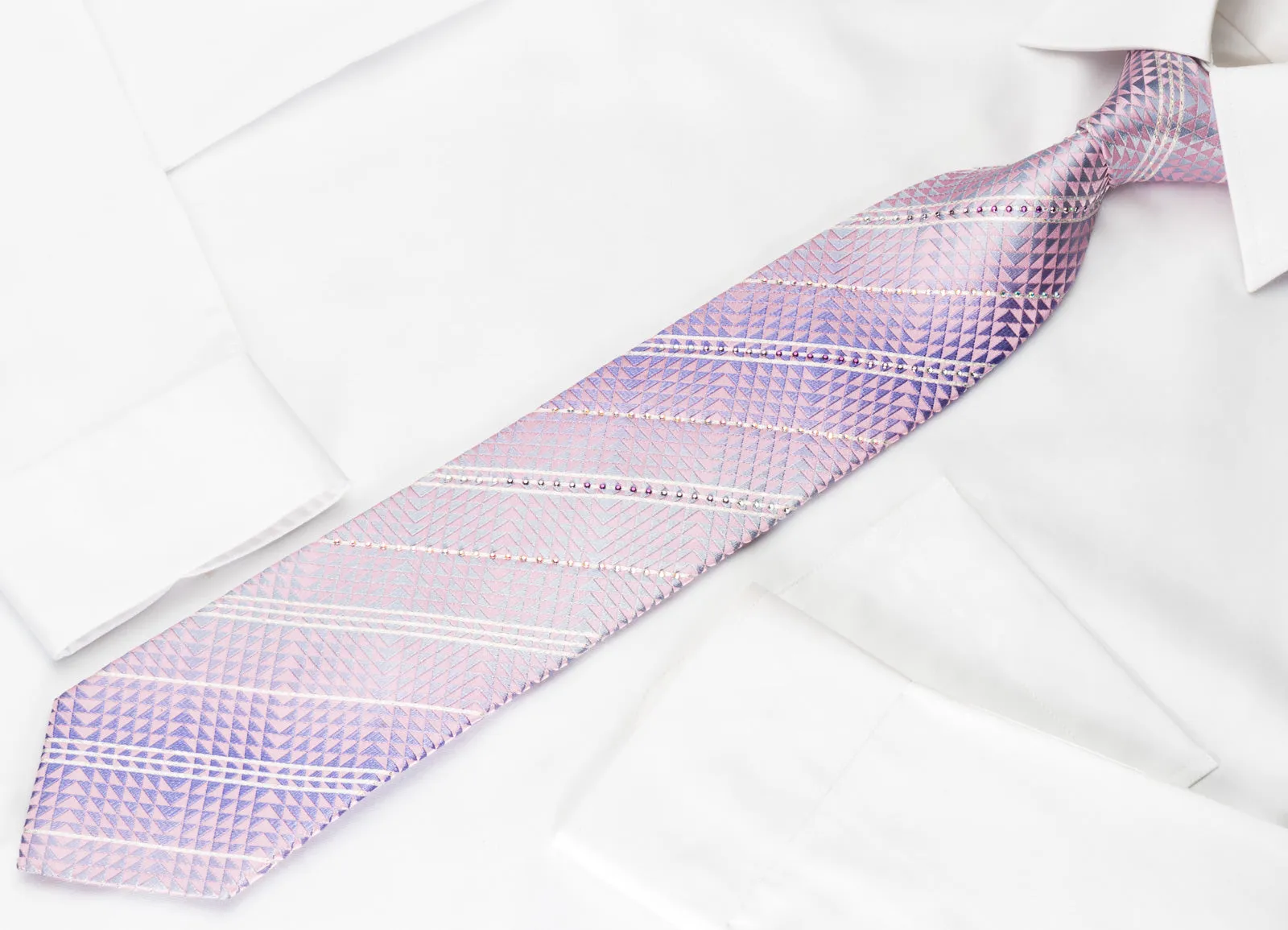 Park Land Silk Rhinestone Necktie Pink Purple Geometric Stripes With Silver Sparkles