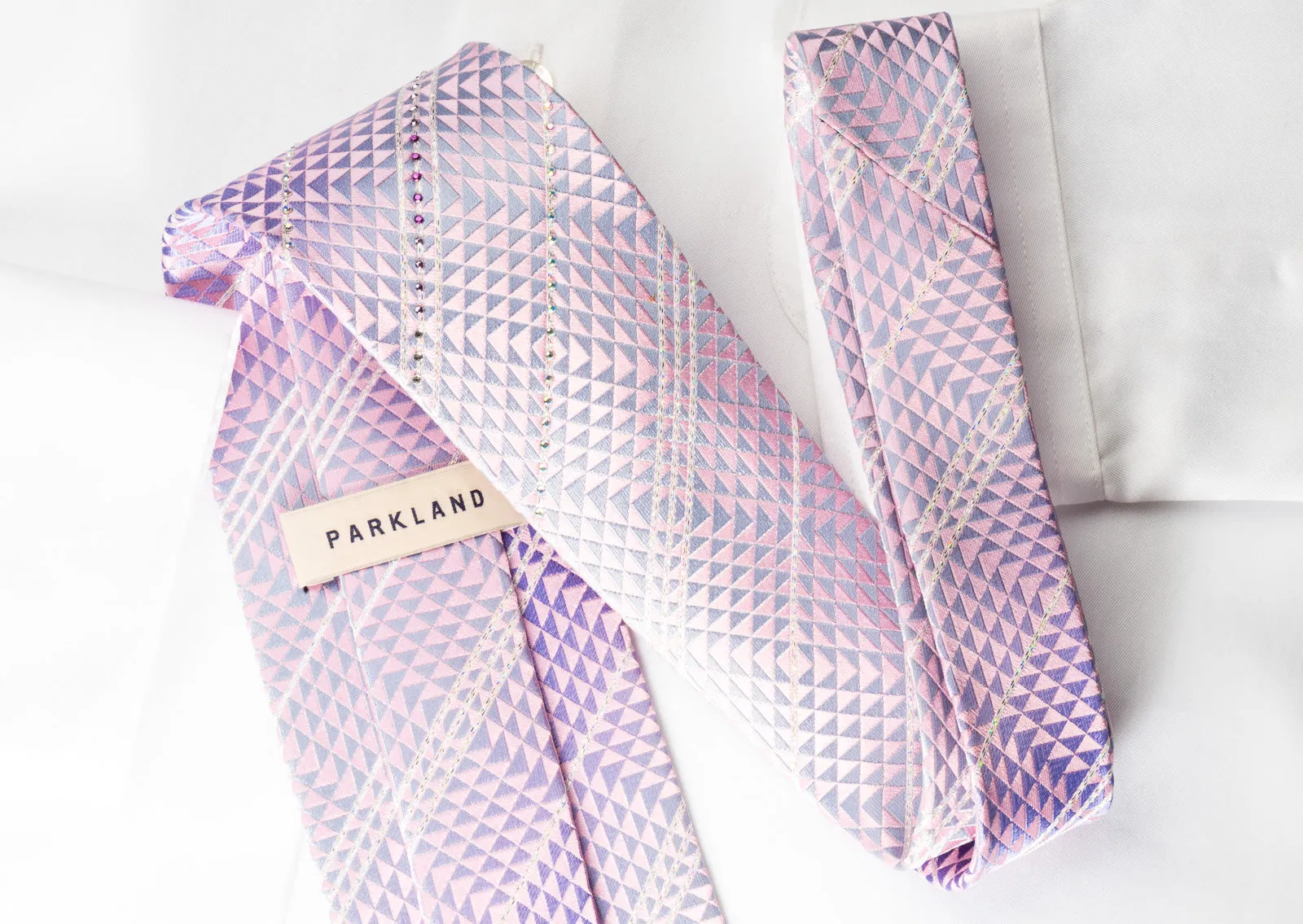 Park Land Silk Rhinestone Necktie Pink Purple Geometric Stripes With Silver Sparkles