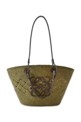   Paula's Ibiza Anagram Medium Appliquéd Leather-Trimmed Perforated Raffia Tote