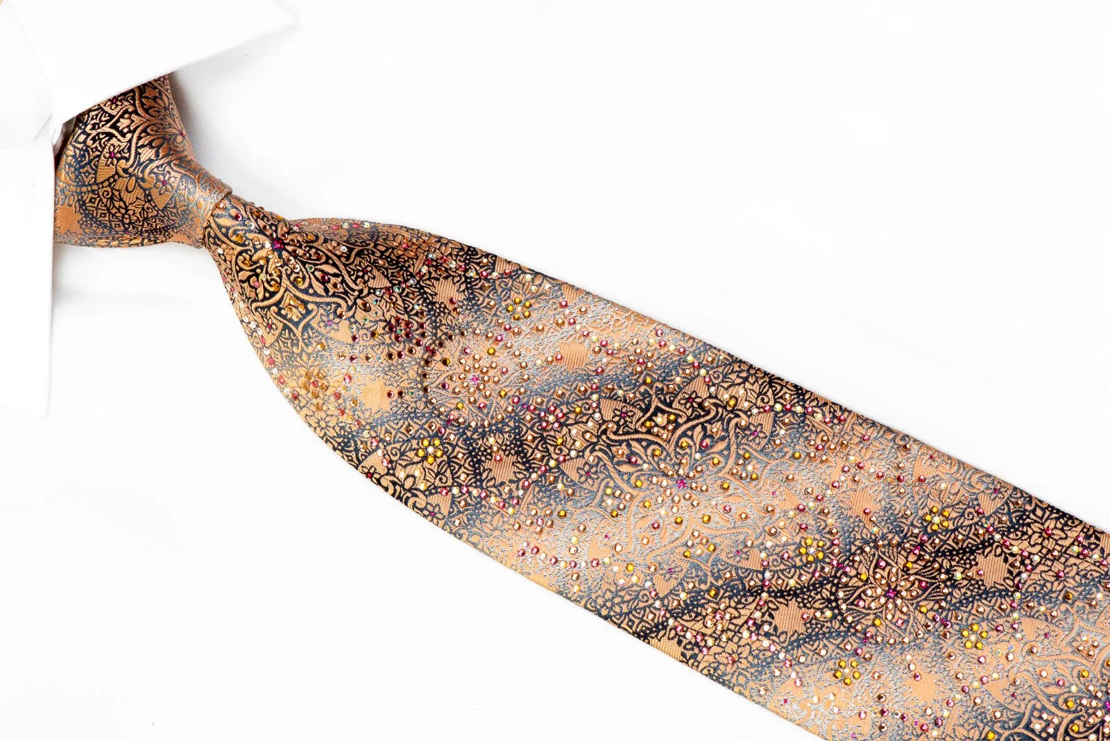 Peach Arabesque On Silver Silk Rhinestone Tie