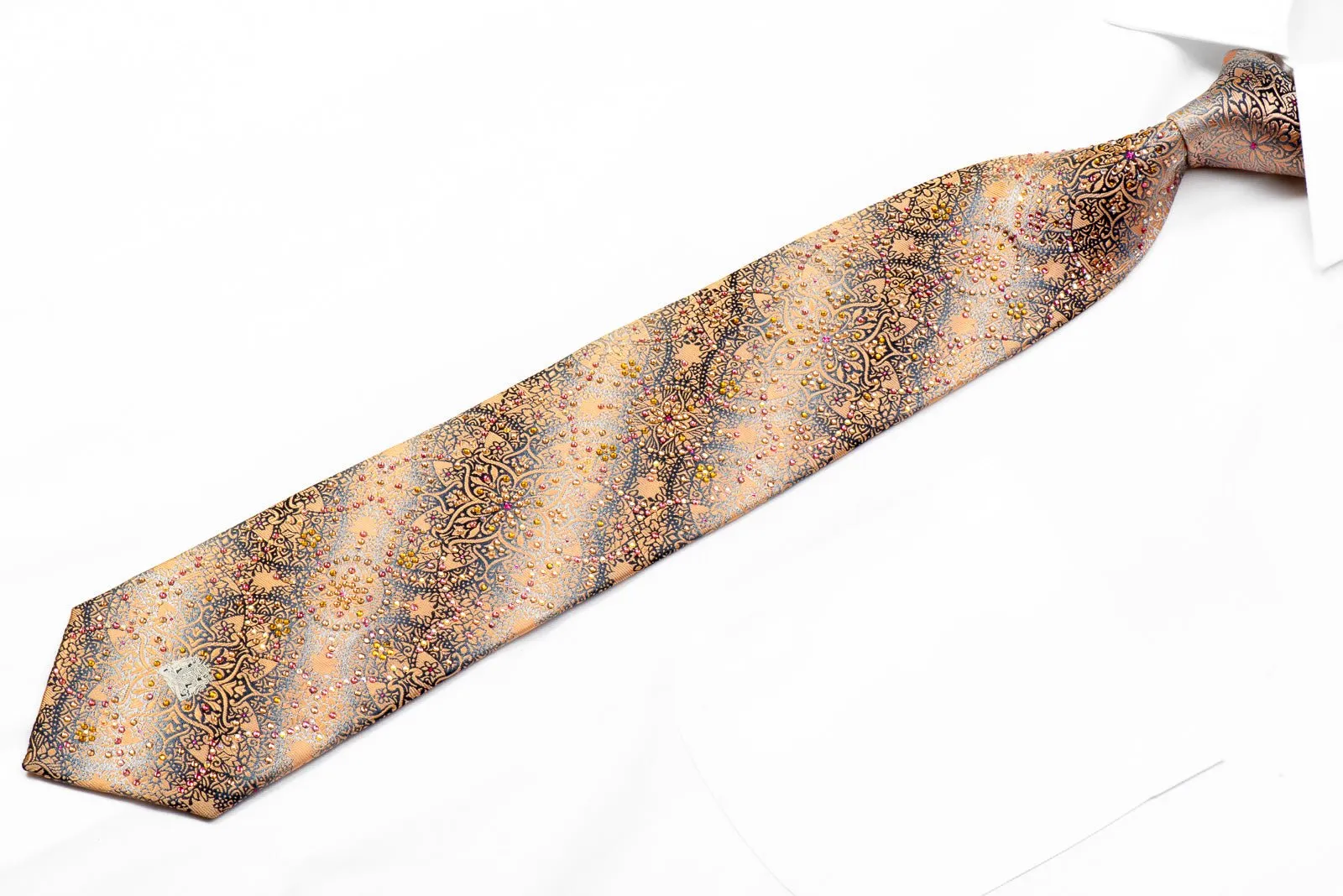 Peach Arabesque On Silver Silk Rhinestone Tie