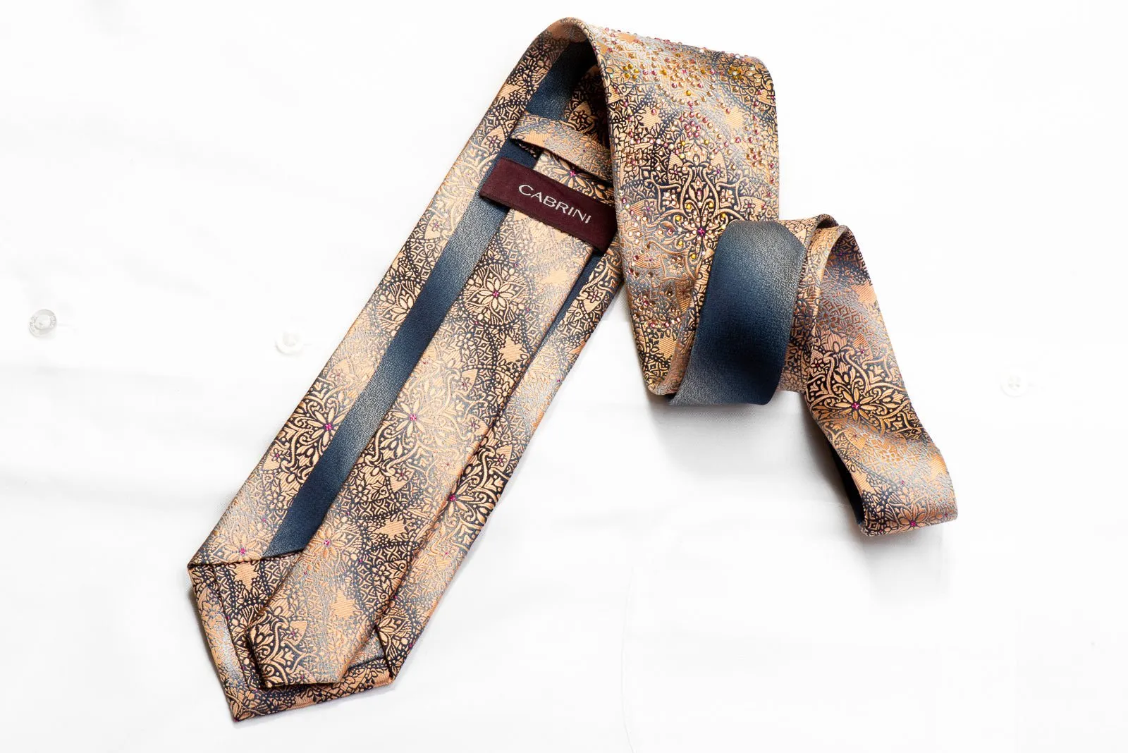 Peach Arabesque On Silver Silk Rhinestone Tie
