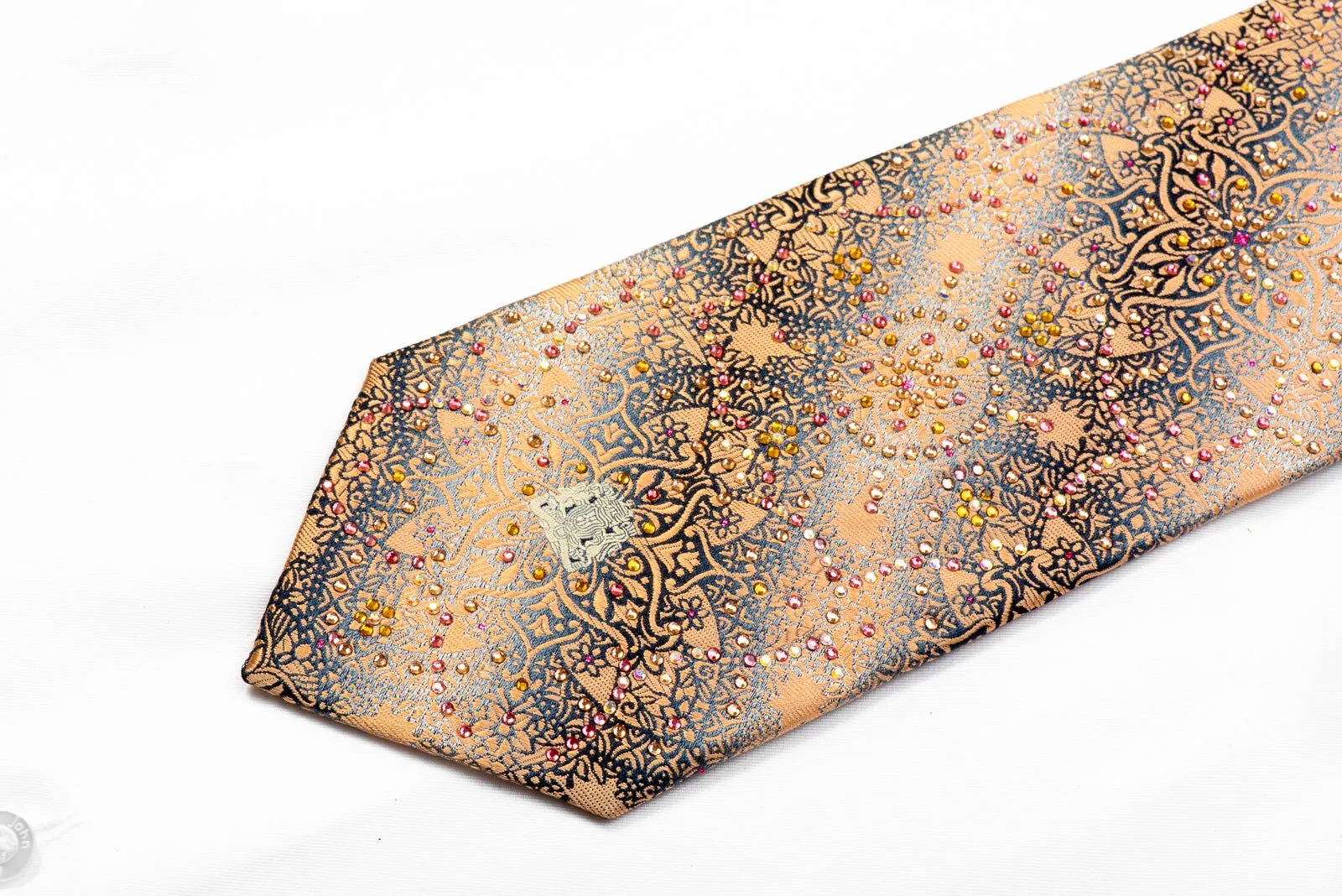 Peach Arabesque On Silver Silk Rhinestone Tie