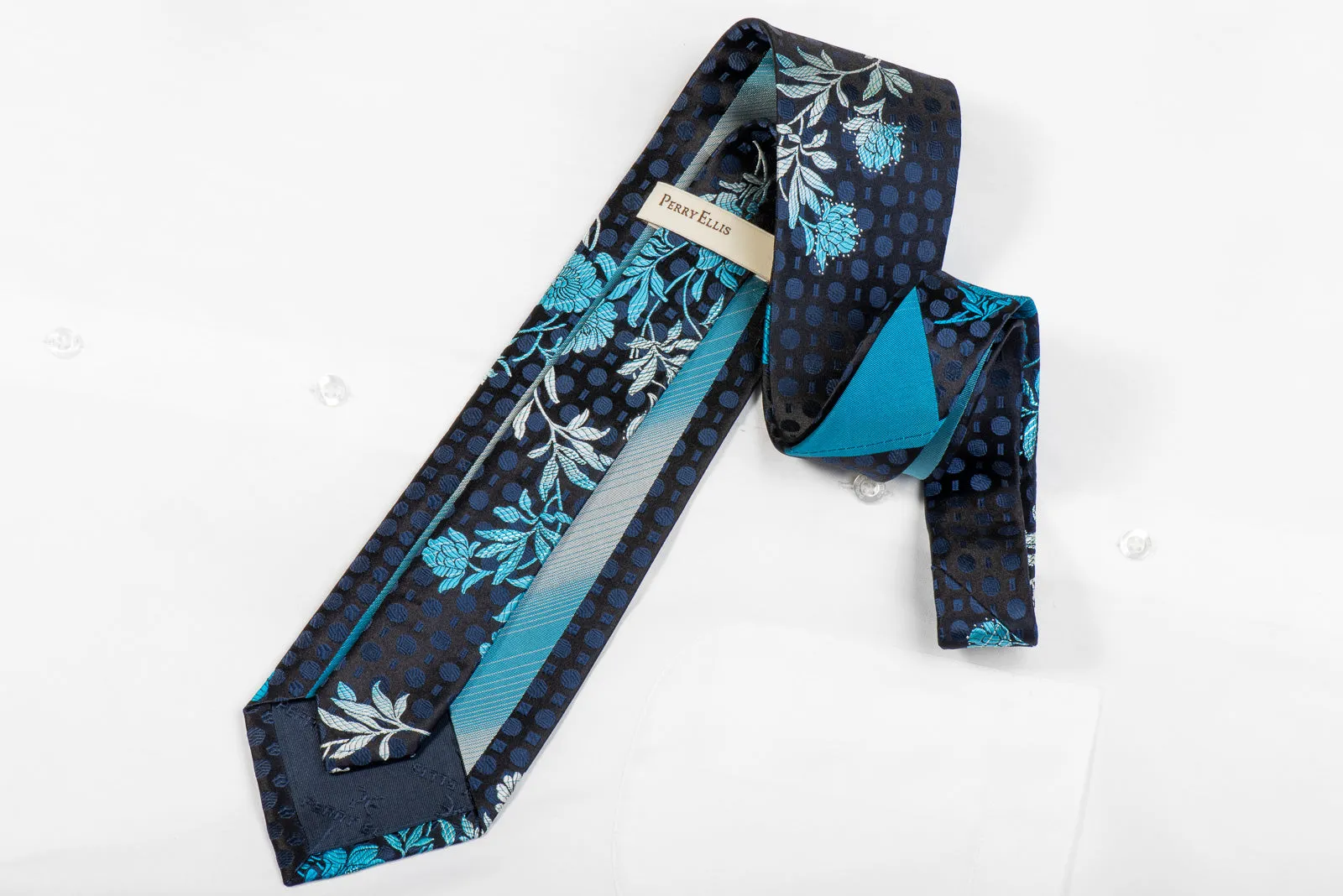 Perry Ellis Men's Silk Necktie Blue Floral On Black With Blue Sparkles