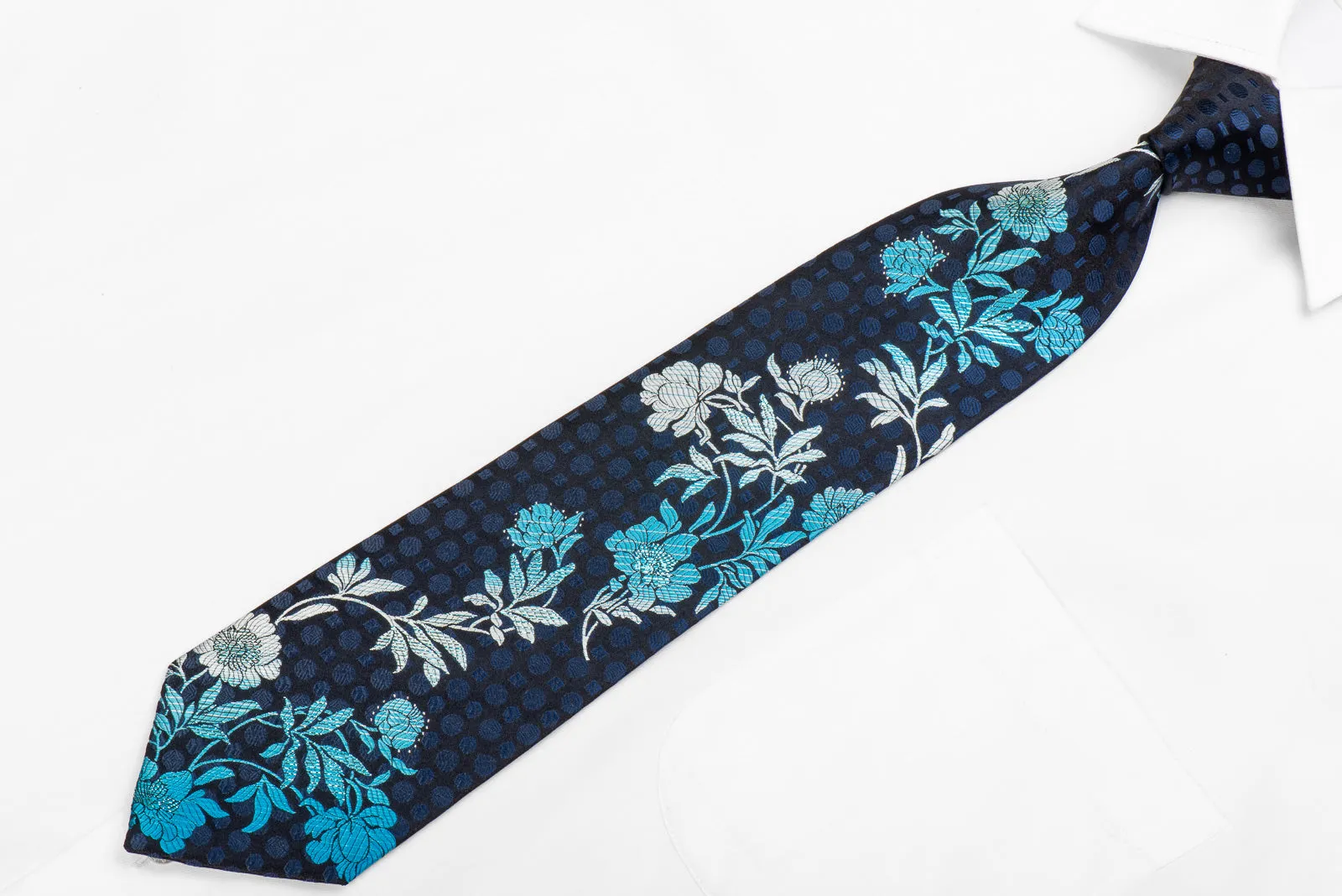 Perry Ellis Men's Silk Necktie Blue Floral On Black With Blue Sparkles
