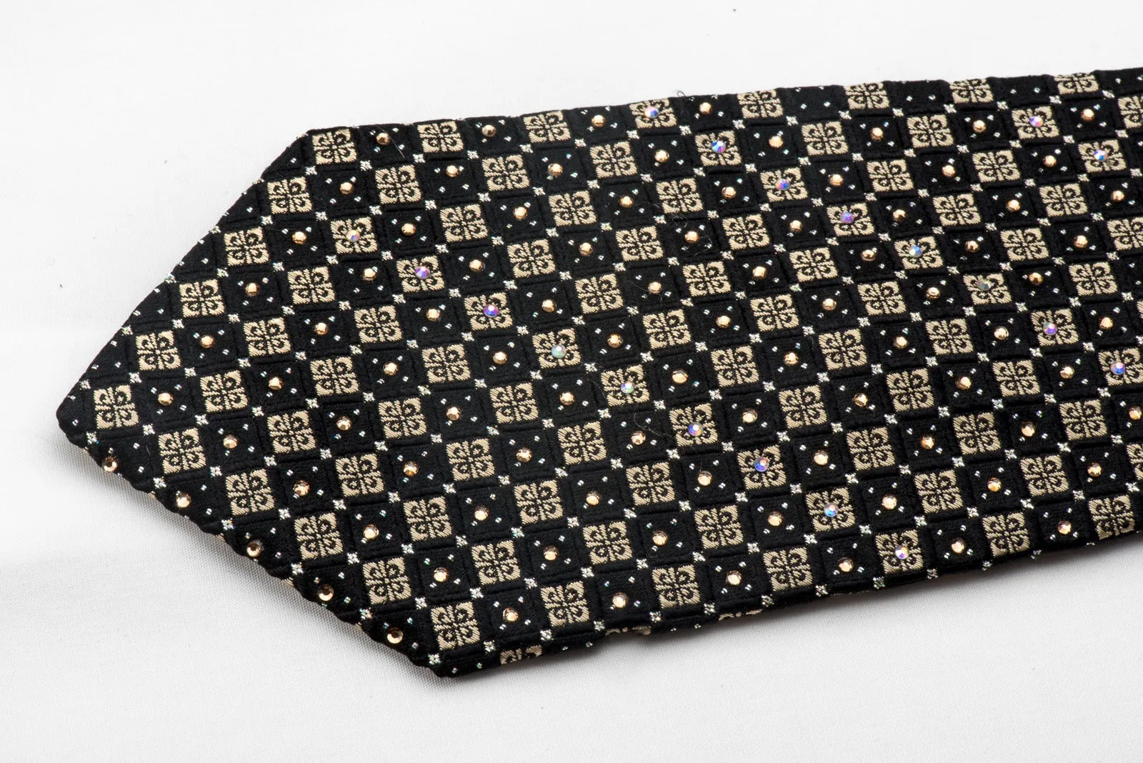 Pierre Cardin Mens Silk Necktie Gold Black Ornate Checkered Sparkling With Gold Rhinestones