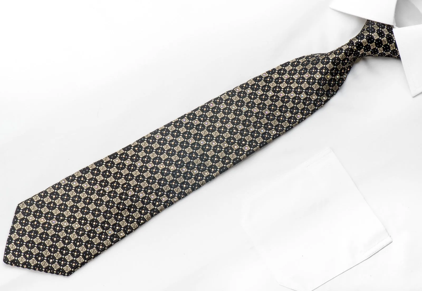 Pierre Cardin Mens Silk Necktie Gold Black Ornate Checkered Sparkling With Gold Rhinestones